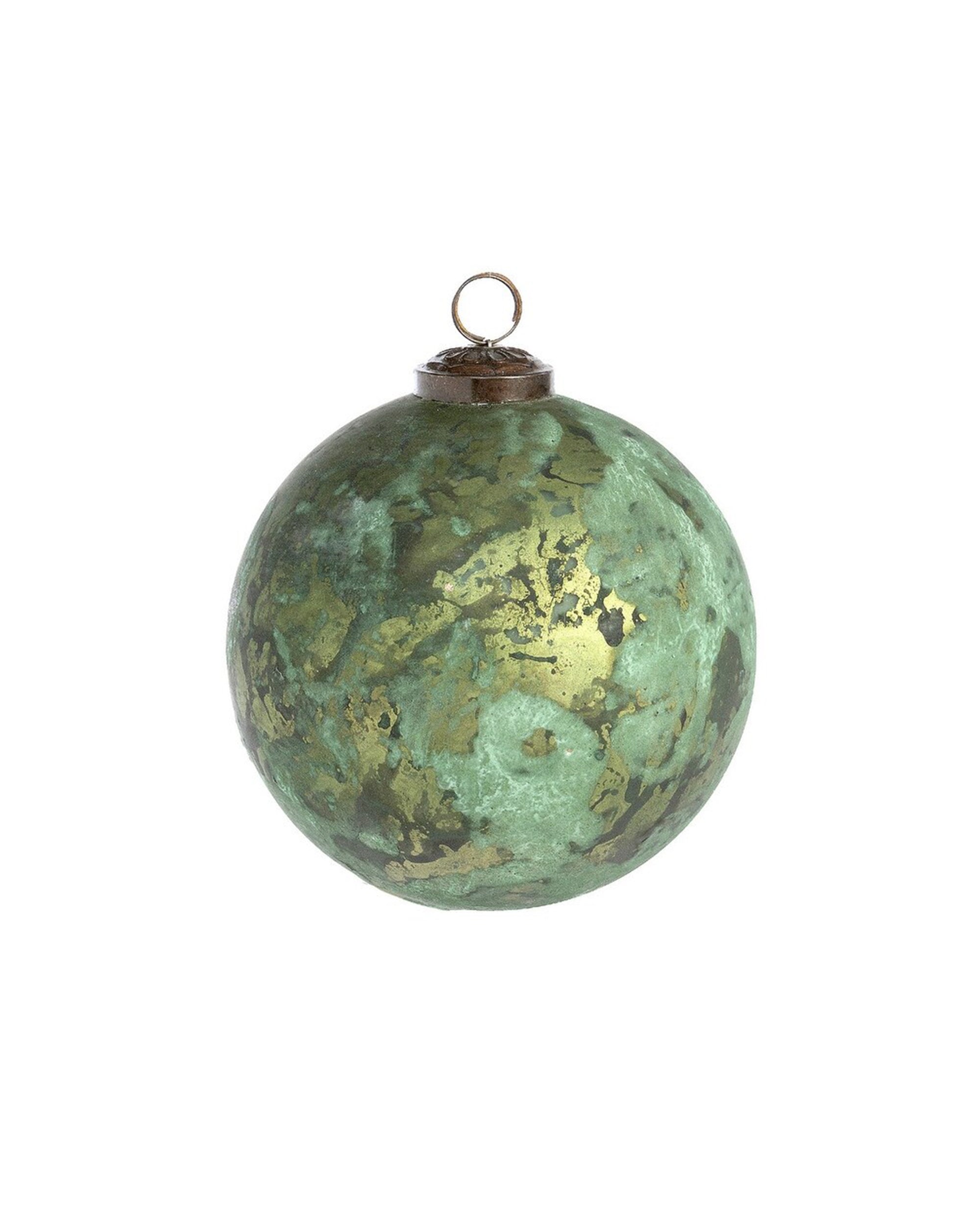 The Creative Co-op Marbled Glass Ornament is a round glass and iron piece with a green marble pattern and gold finish, featuring a metal cap and hanging loop, displayed against a white background.
