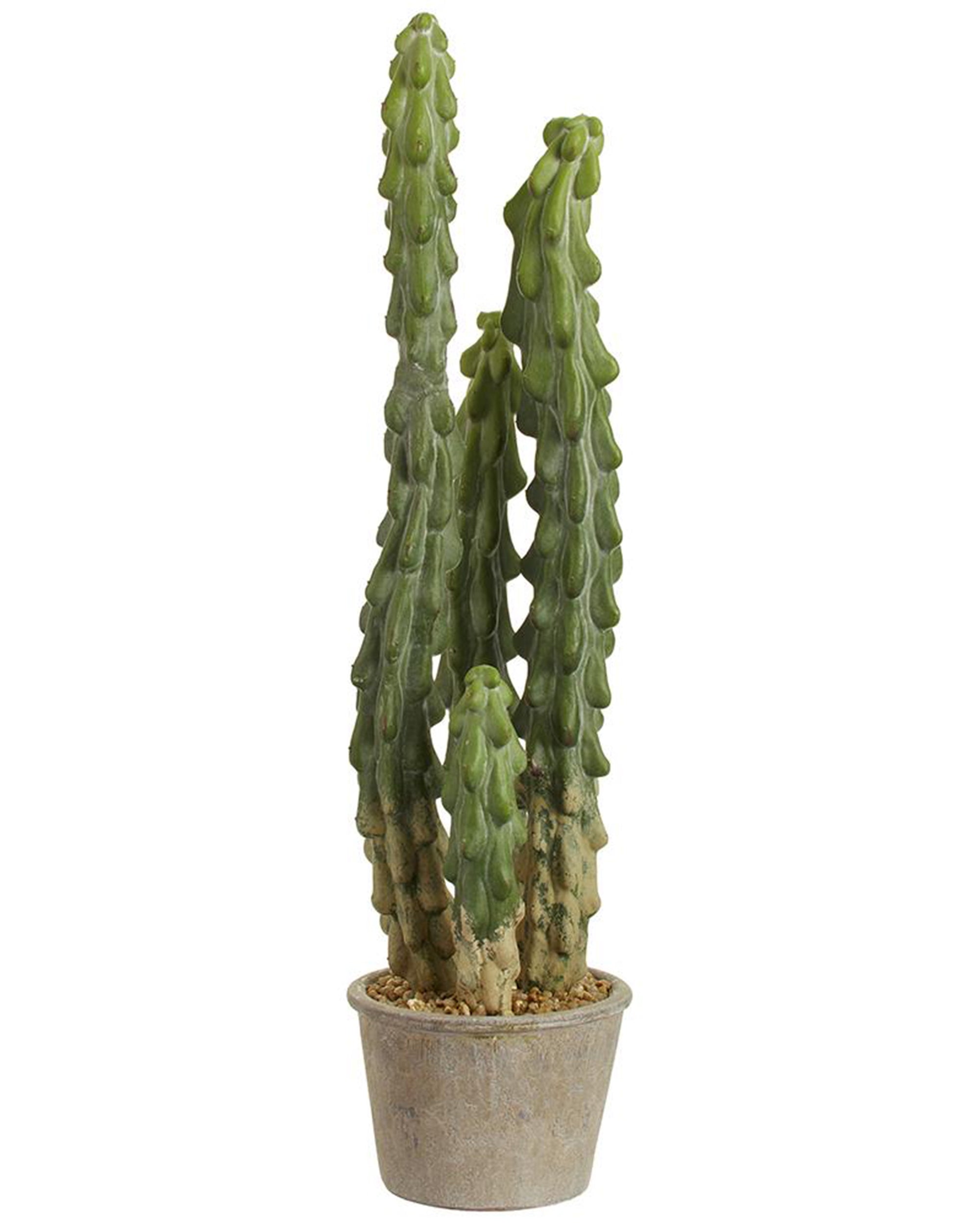 The AllState Floral And Craft Cactus in Paper Mache Pot features a tall, green 22" cactus with multiple ribbed stems, set in a small, round paper mache pot filled with pebbles against a white background.