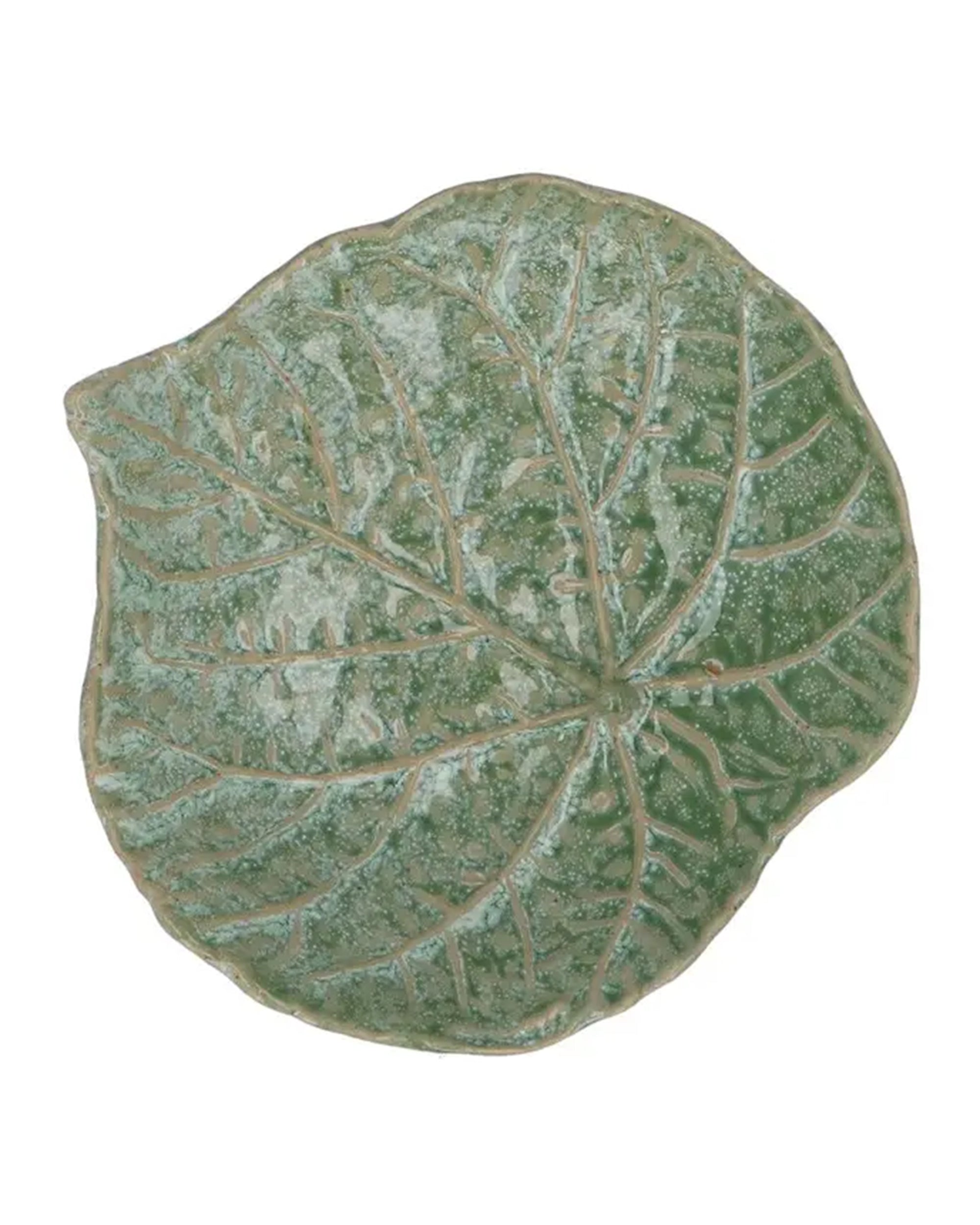 Glossy green porcelain round trinket dish with speckled pattern by Faire, perfect accent for home décor.