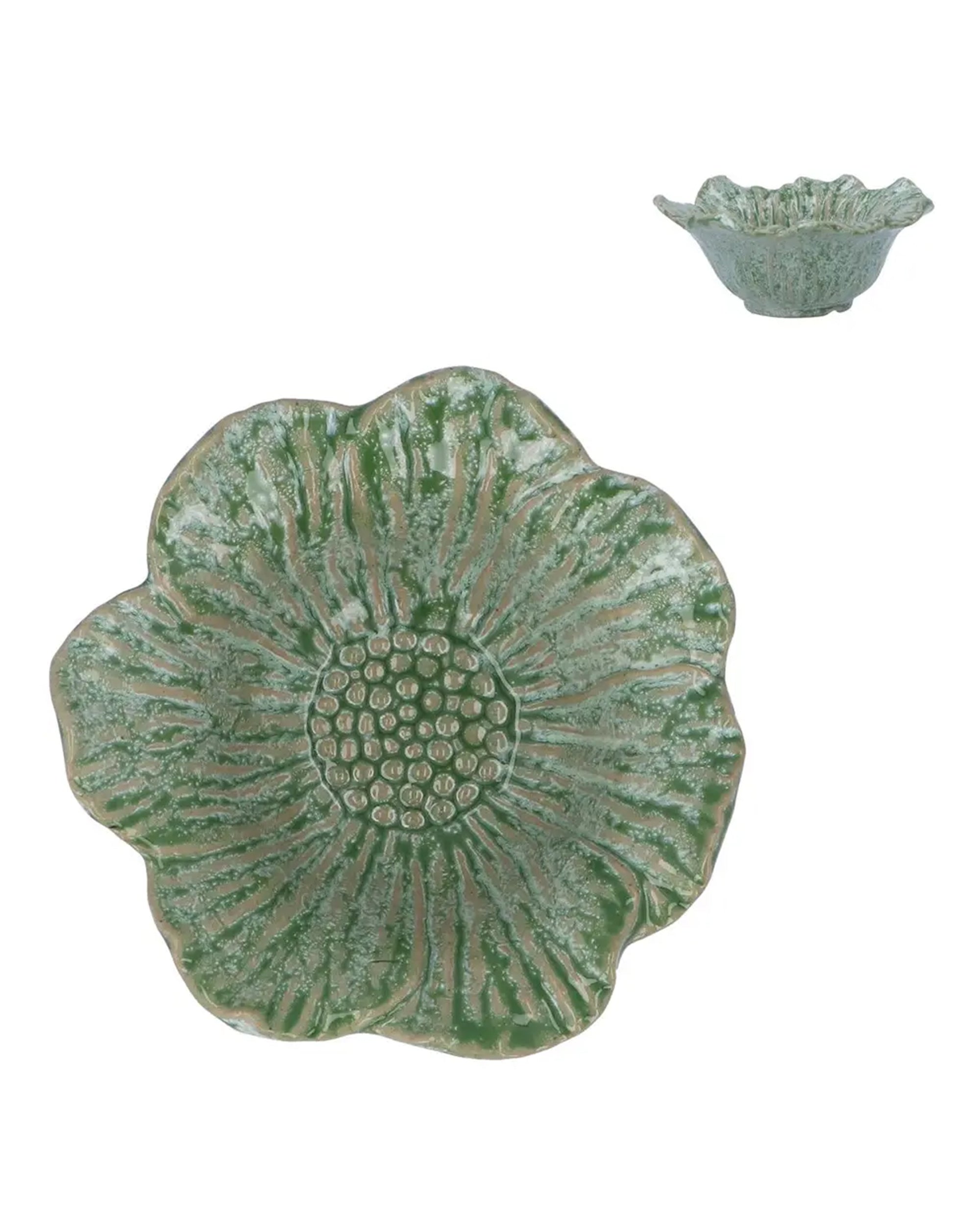 Small green speckle porcelain flower bowl from Faire, top and side view, perfect for display in any room.