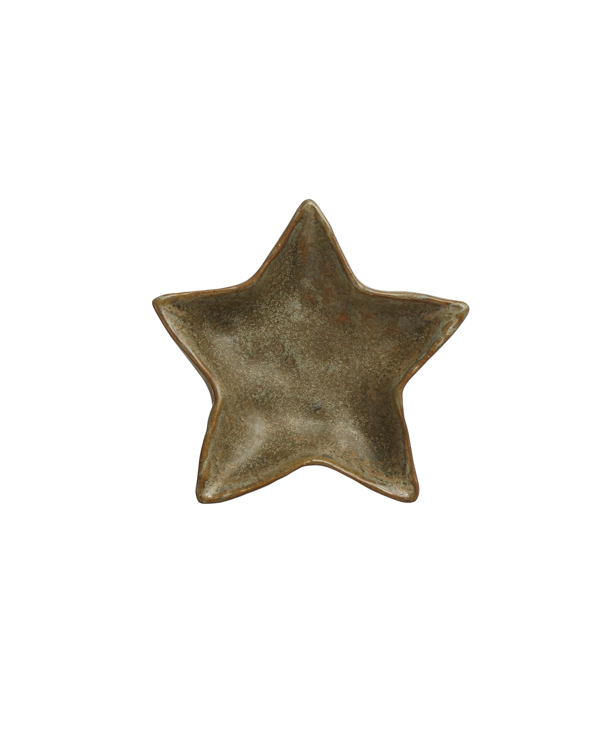 The Creative Co-op Star Shaped Plate Green is a small stoneware plate with a rustic, slightly textured surface, earthy green tones, and a subtle reactive glaze, shown isolated on a white background.