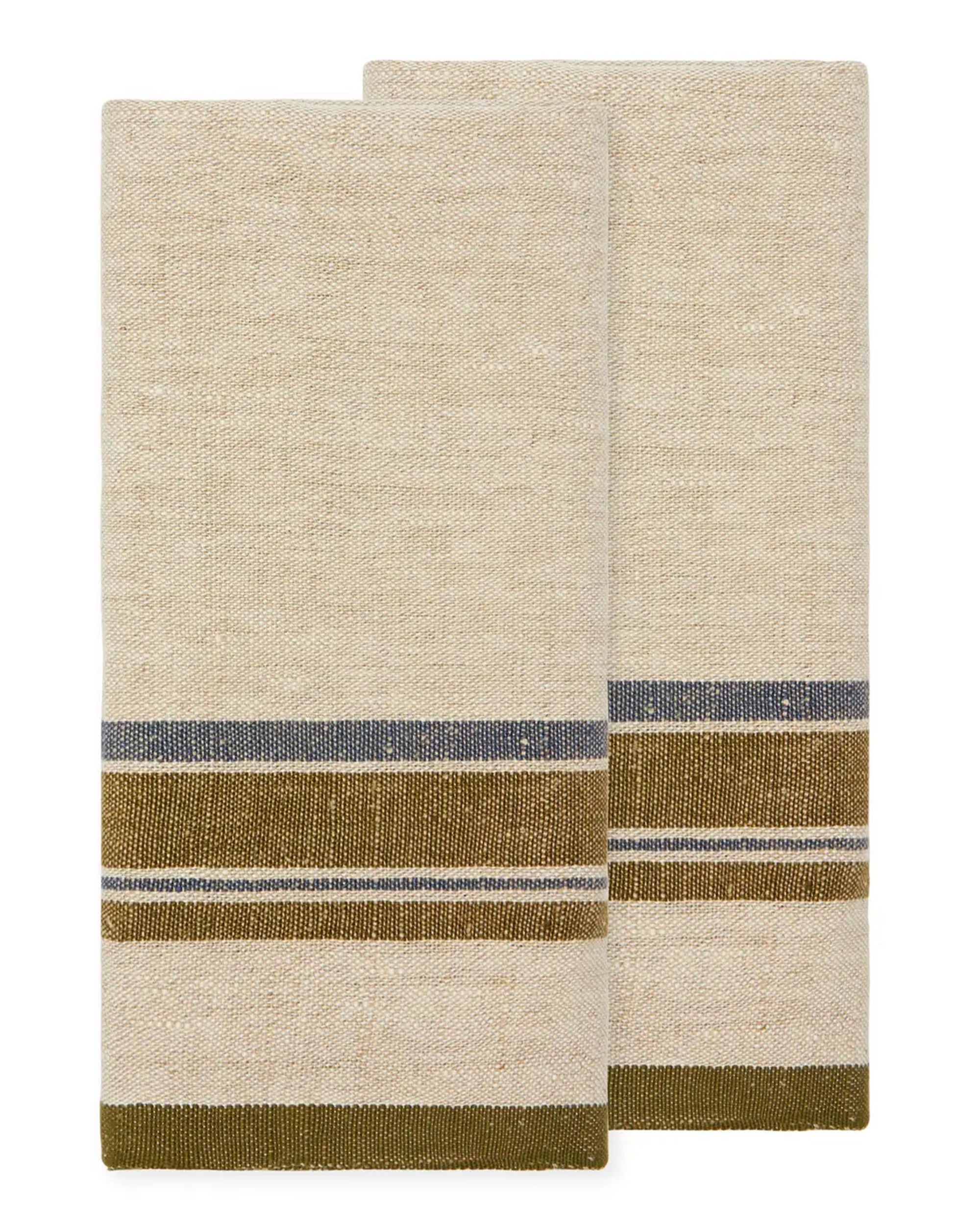The CH Tea Towels S/2 by Faire feature a linen-cotton blend with olive green and dark blue stripes near the edges. The two towels are folded and slightly overlapping on a white background, ideal for a French country kitchen.