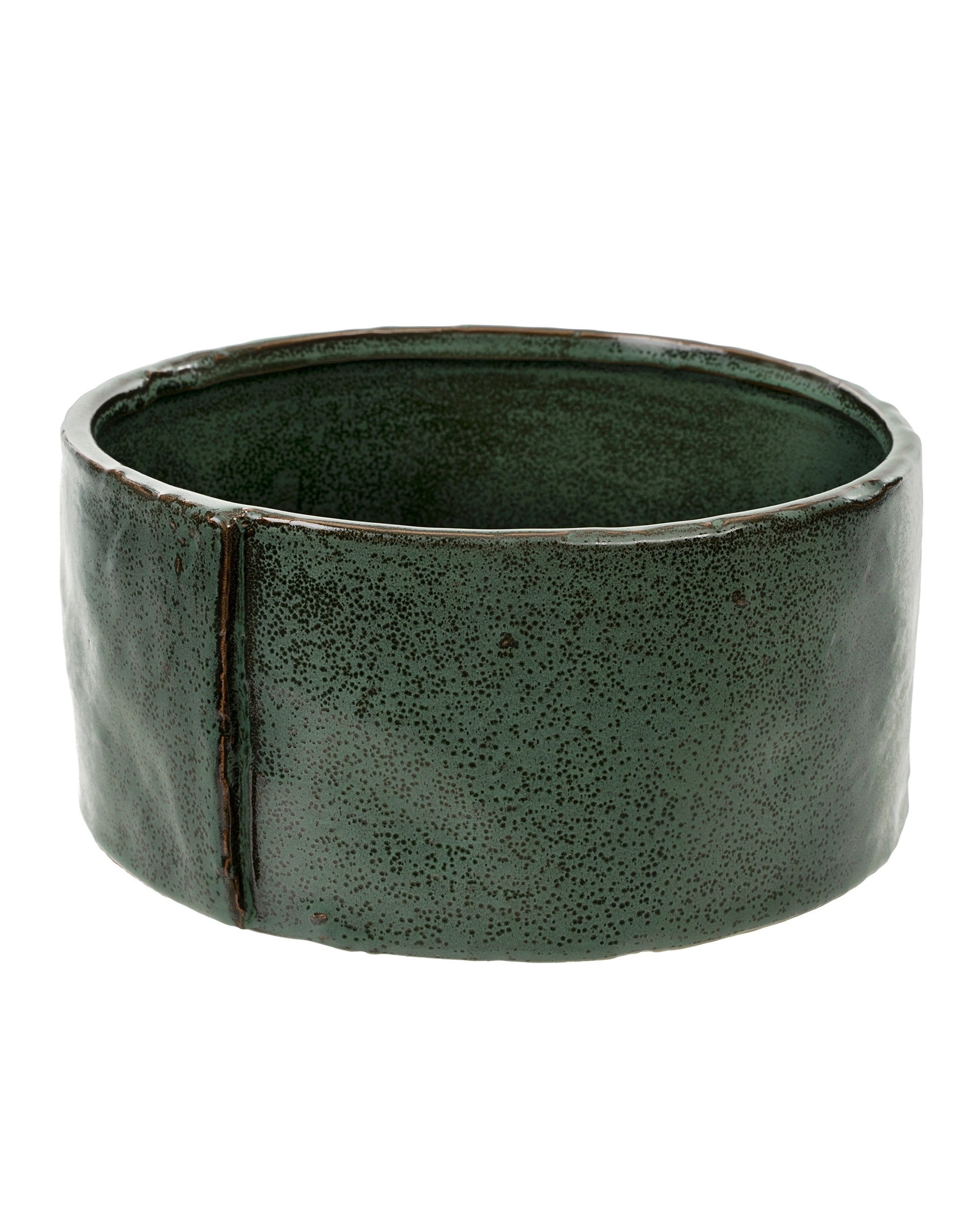 The Wrap Around Pot L by Indaba is a wide, cylindrical earthen green pot featuring a textured, slightly uneven surface and a rustic, handcrafted look.