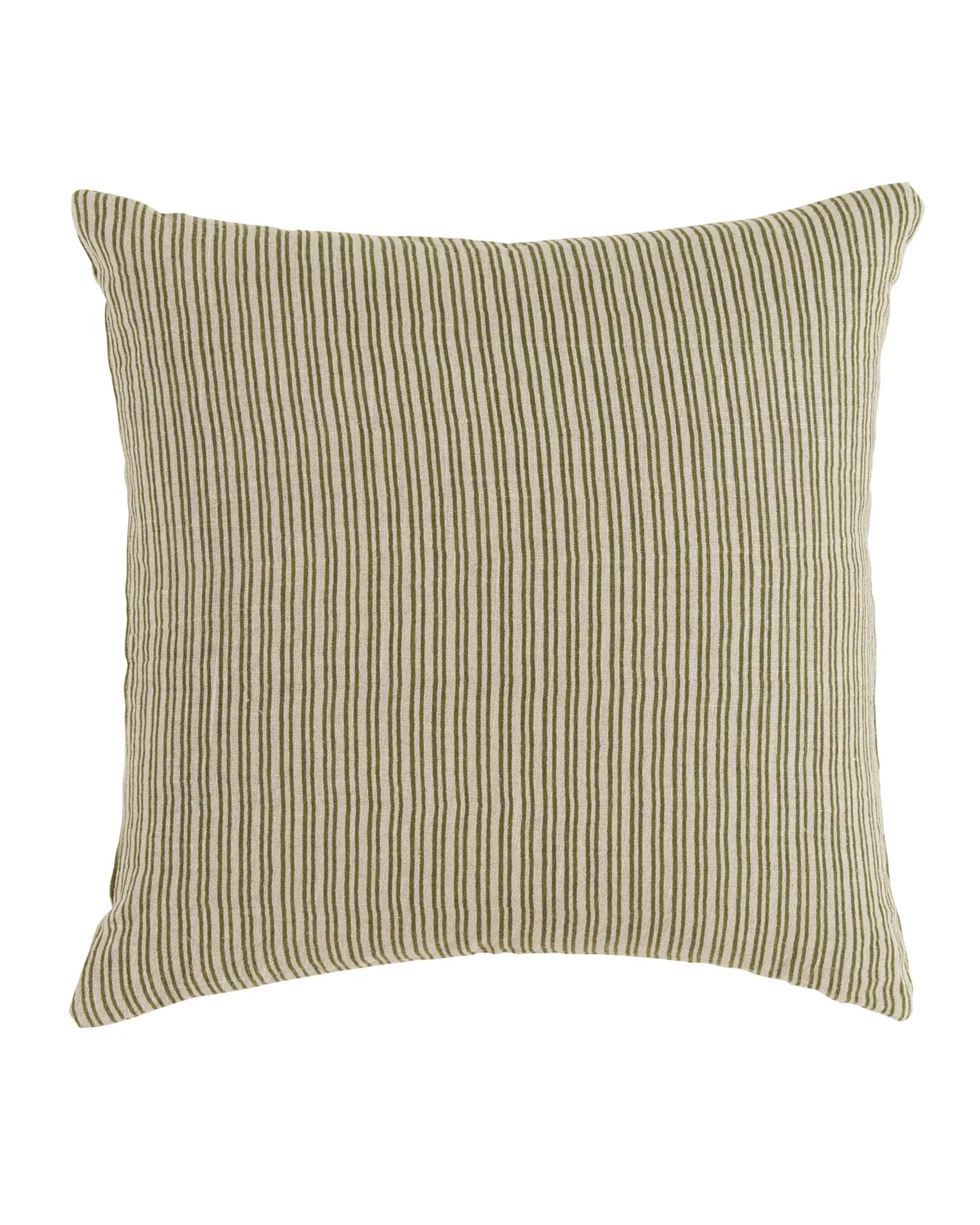 The Liam & Lana Wren Green Pillow 24x24 features a linen cover with thin green and beige vertical stripes on a light background, a soft textured look, and slightly rounded edges for enhanced comfort.