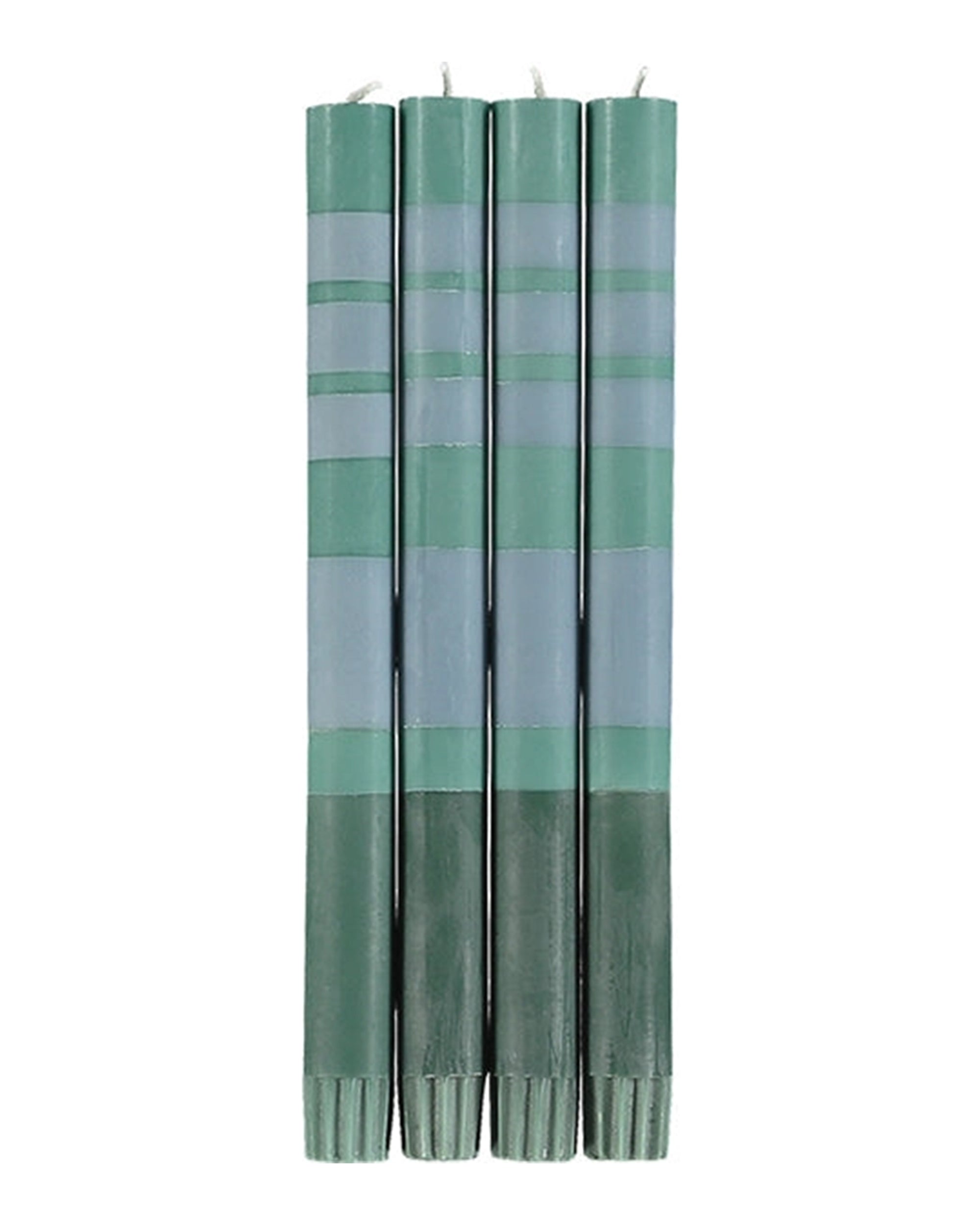 The Faire Striped Beryl Green &amp; Moonstone Candles S/2 features hand-poured, Fair Trade candles in green and gray stripes, arranged upright against a white background—an elegant addition to any table setting.