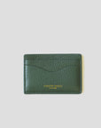 A textured lambskin leather cardholder in green features two slots, with "Curated Basics" gold lettering at the bottom. The MENS Leather Cardholder by Curated Basics is positioned against a plain white background, highlighting its elegant design.