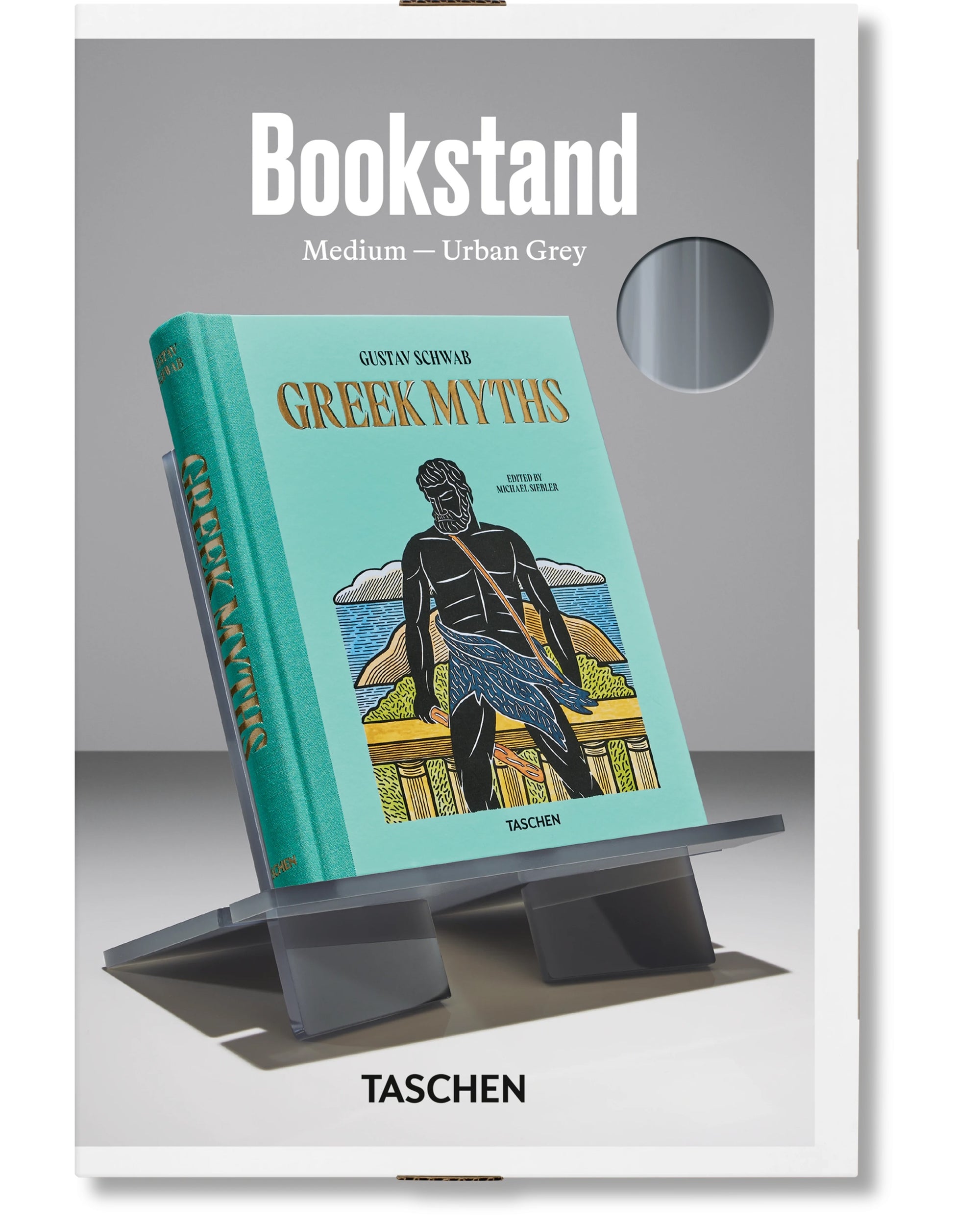 A turquoise "Greek Myths" book sits on an Ingram Book Company Bookstand Md in urban grey, featuring a male figure with a sword on the cover and packaging labeled "Bookstand Medium — Urban Grey.