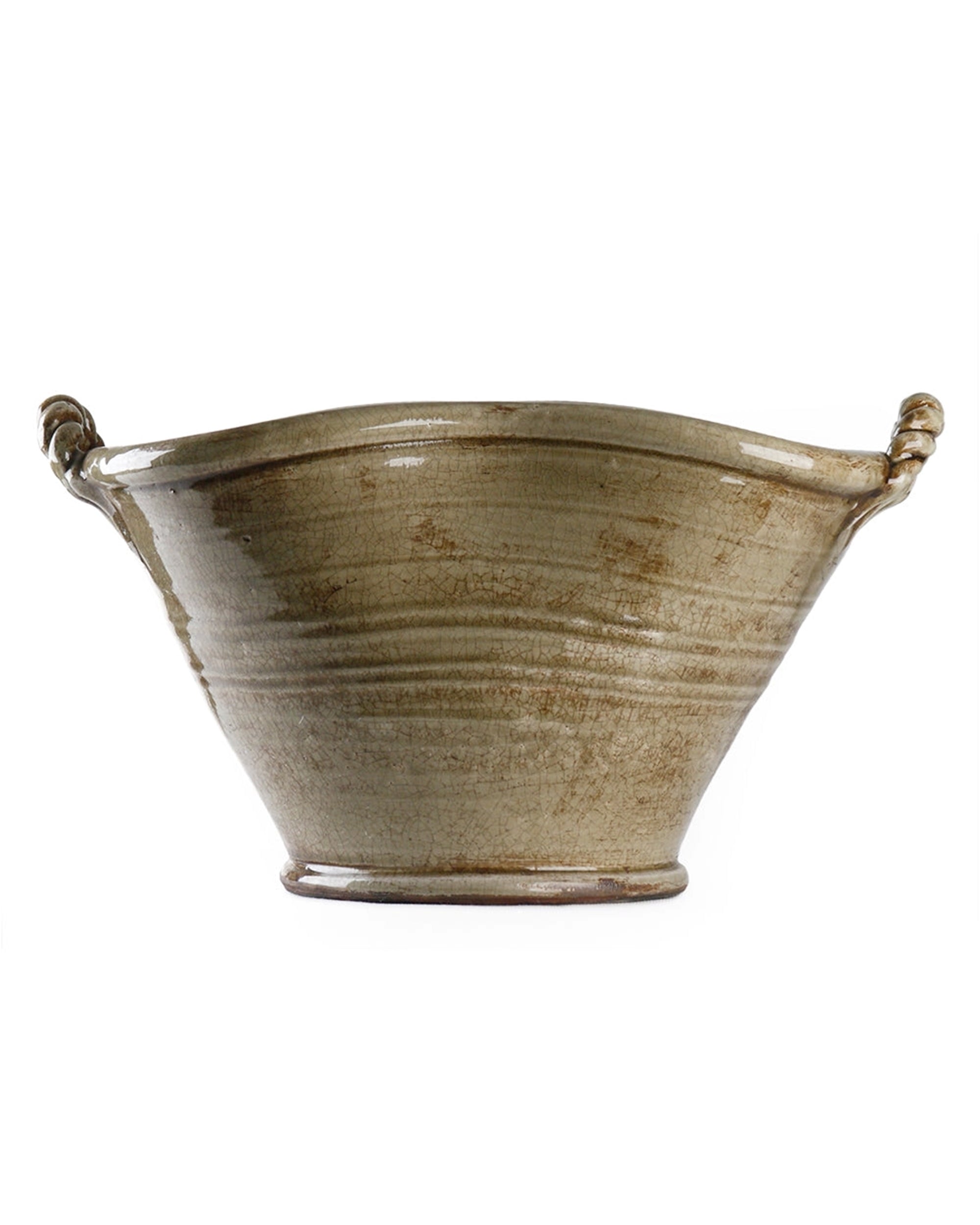 The Zentique Grey Ceramic Pot features a wide, shallow design with two small twisted handles, a slightly flared rim, and subtle horizontal lines accented by natural glaze variations.