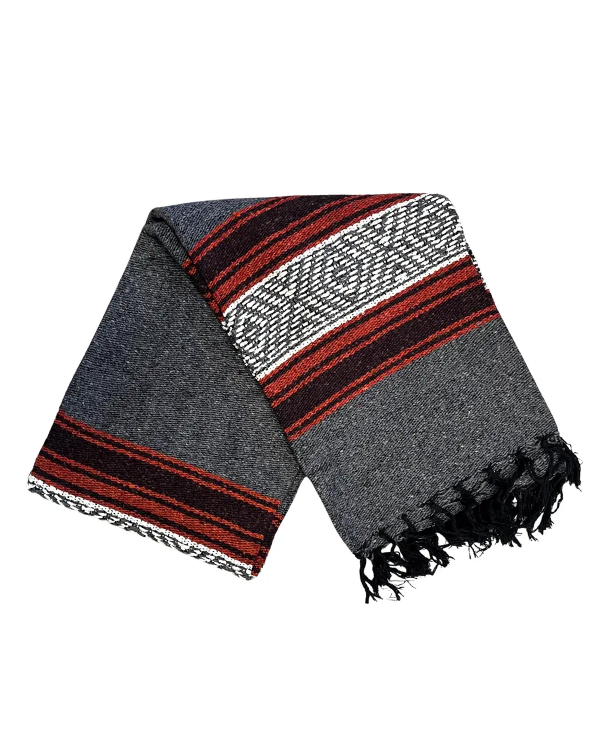 The Authentic Mexican Blanket Ember/Grey by Faire is a handmade, dark gray woven blanket with red and white stripes and black fringe—perfect as a stylish yoga prop or cozy home accent.