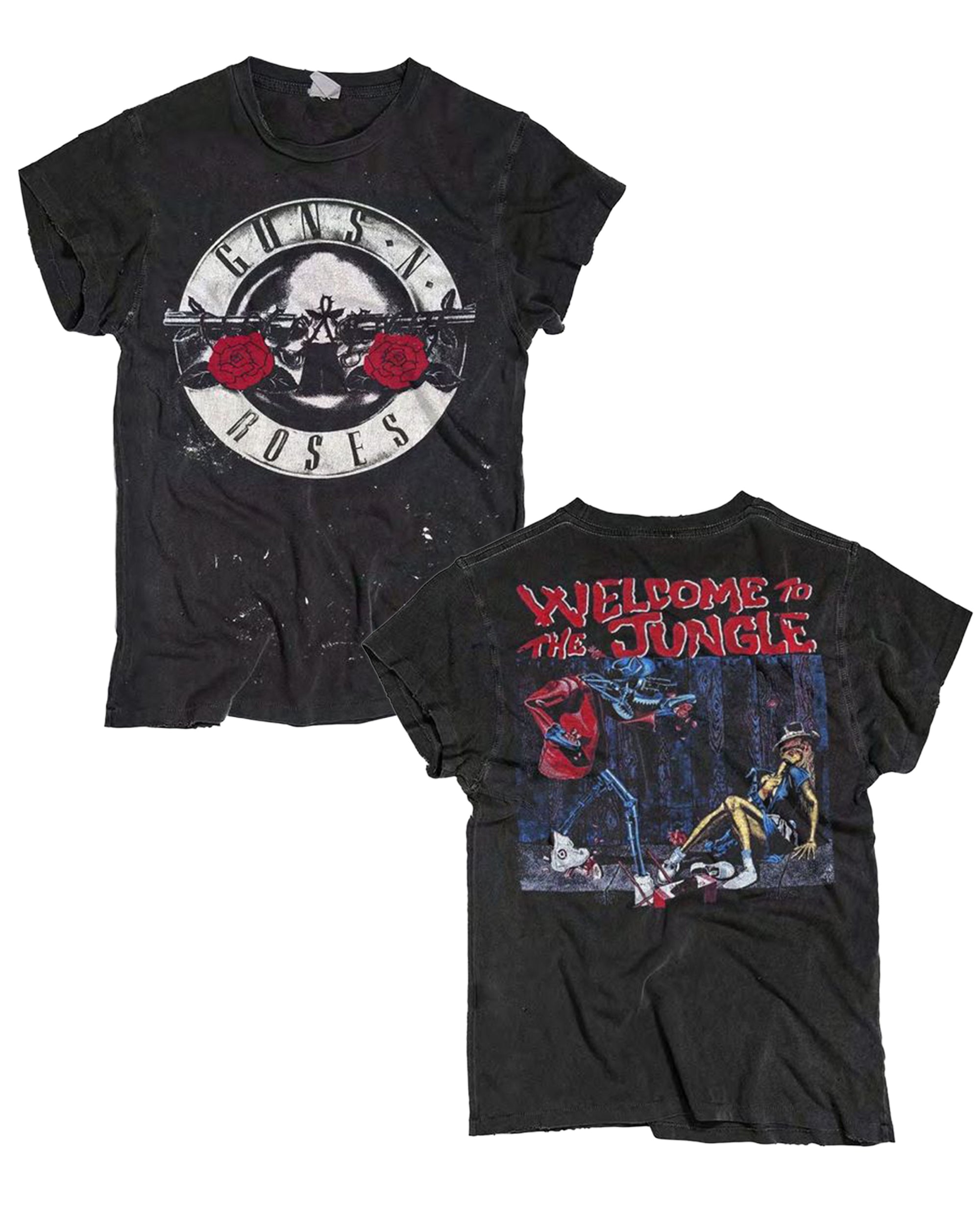 Two black Guns N Roses Crew Tees by Made Worn, front featuring the iconic logo with two red roses, back displaying "Welcome to the Jungle" and an illustrated scene of skeletons and musicians.