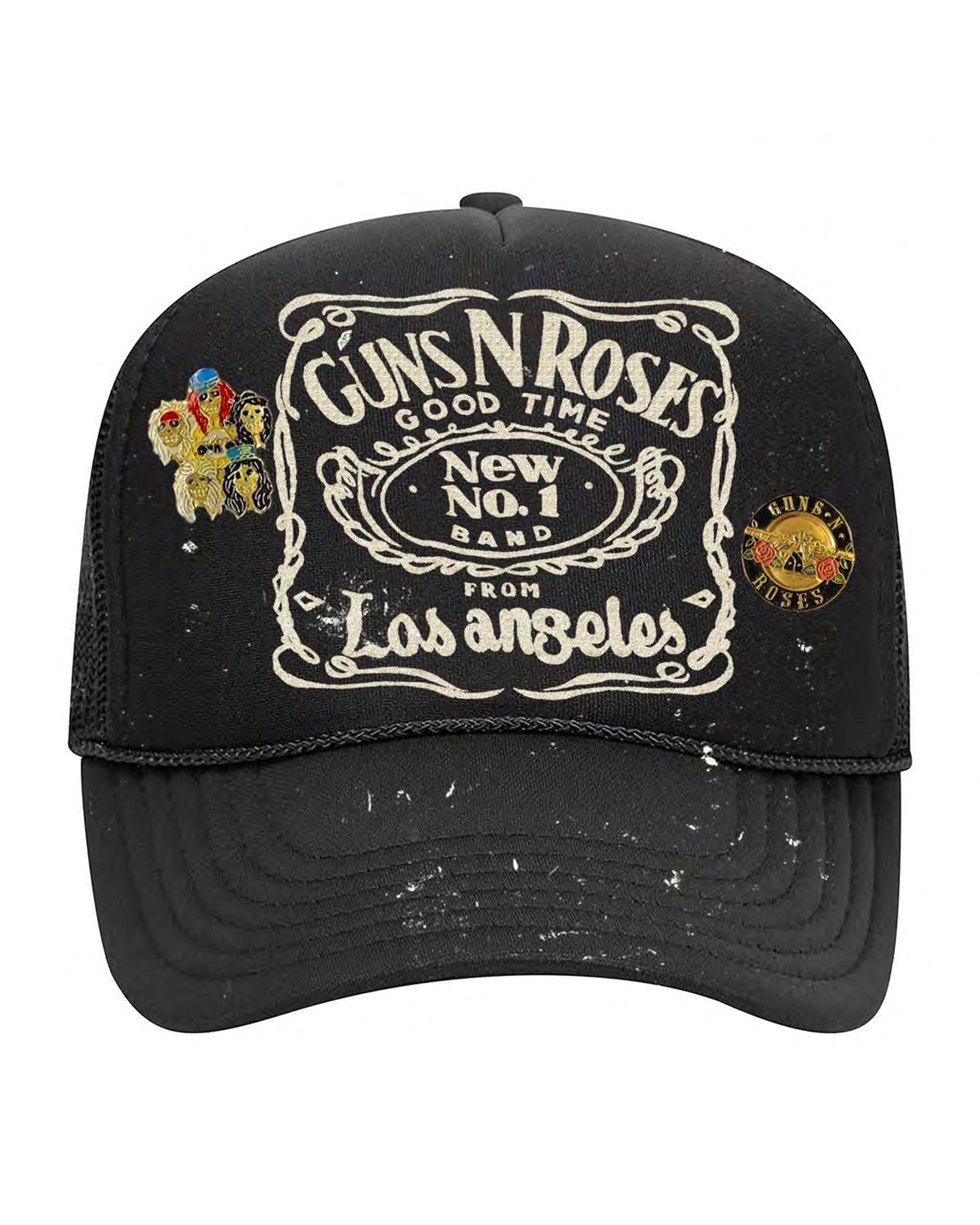 Black trucker hat with Guns N Roses logo, Los Angeles embroidery, and side patches by Made Worn.