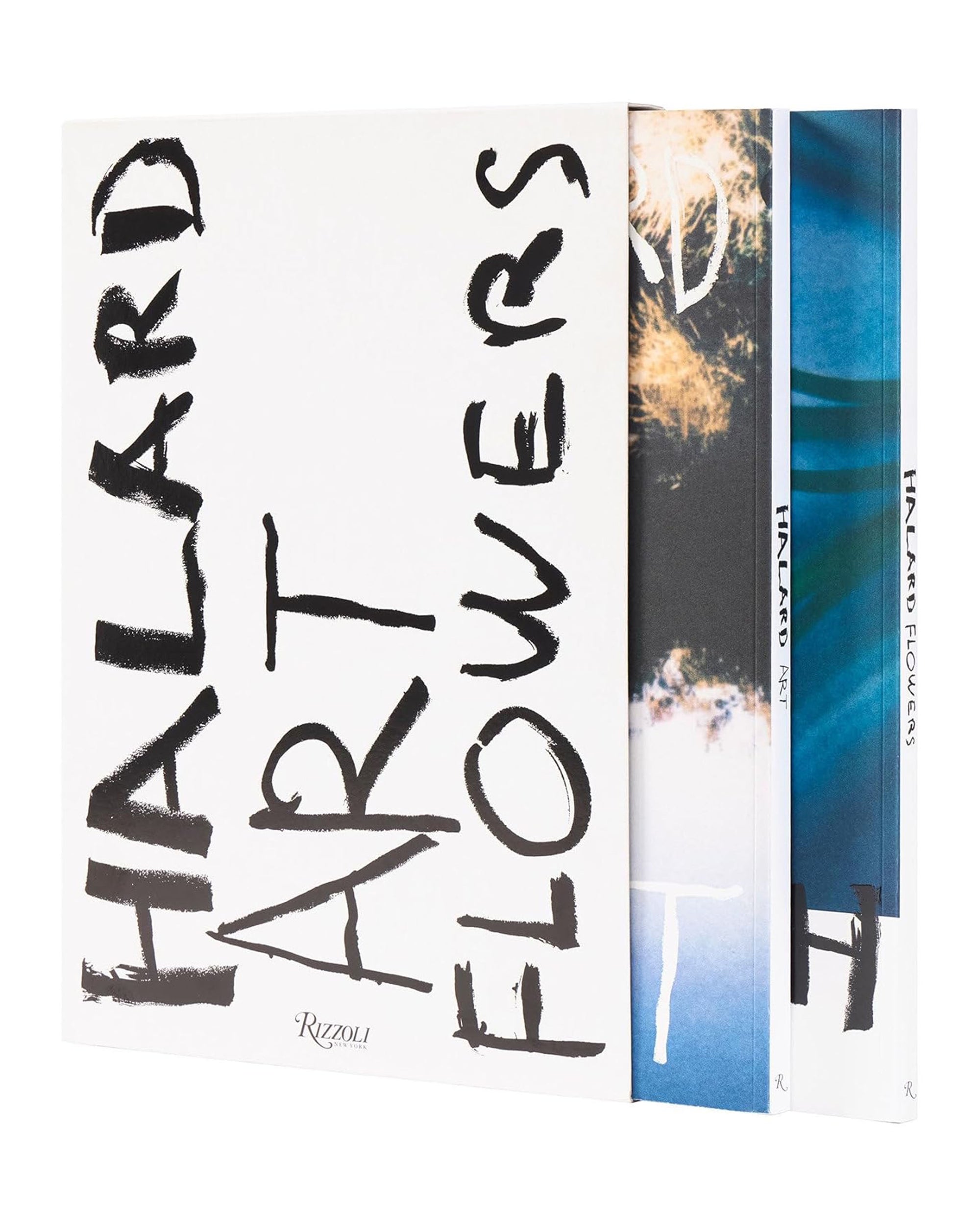 Two large books titled "Francios Halard: Art," with bold black handwritten text on white covers, feature Halard photography in a matching slipcase with abstract art along the spine. The brand "Random House" is visible.