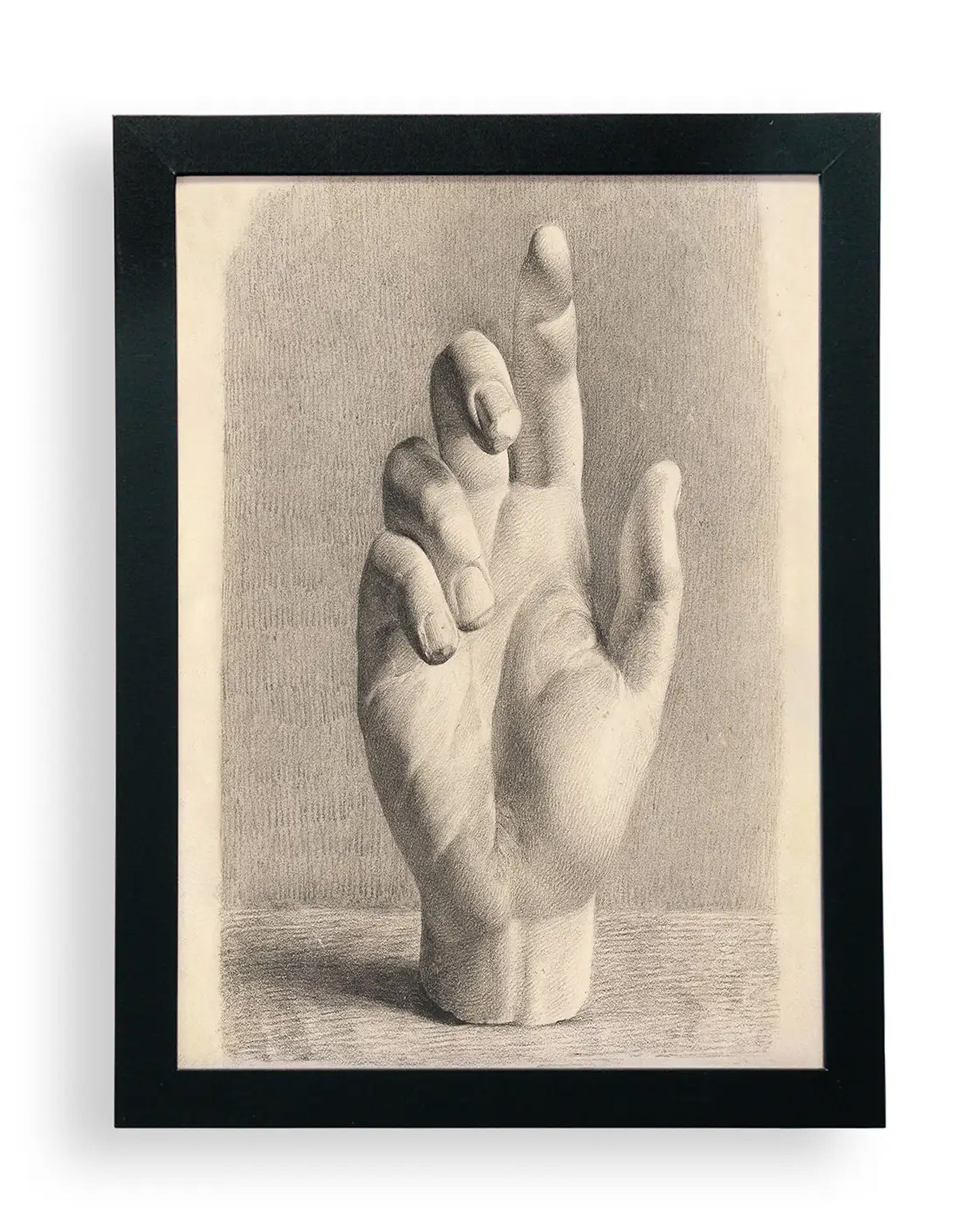 The Dreyer Hand Drawn After Plaster by Faire features a framed black-and-white drawing of a slightly bent right hand, printed on matte art paper with a textured background.