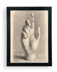 The Dreyer Hand Drawn After Plaster by Faire features a framed black-and-white drawing of a slightly bent right hand, printed on matte art paper with a textured background.