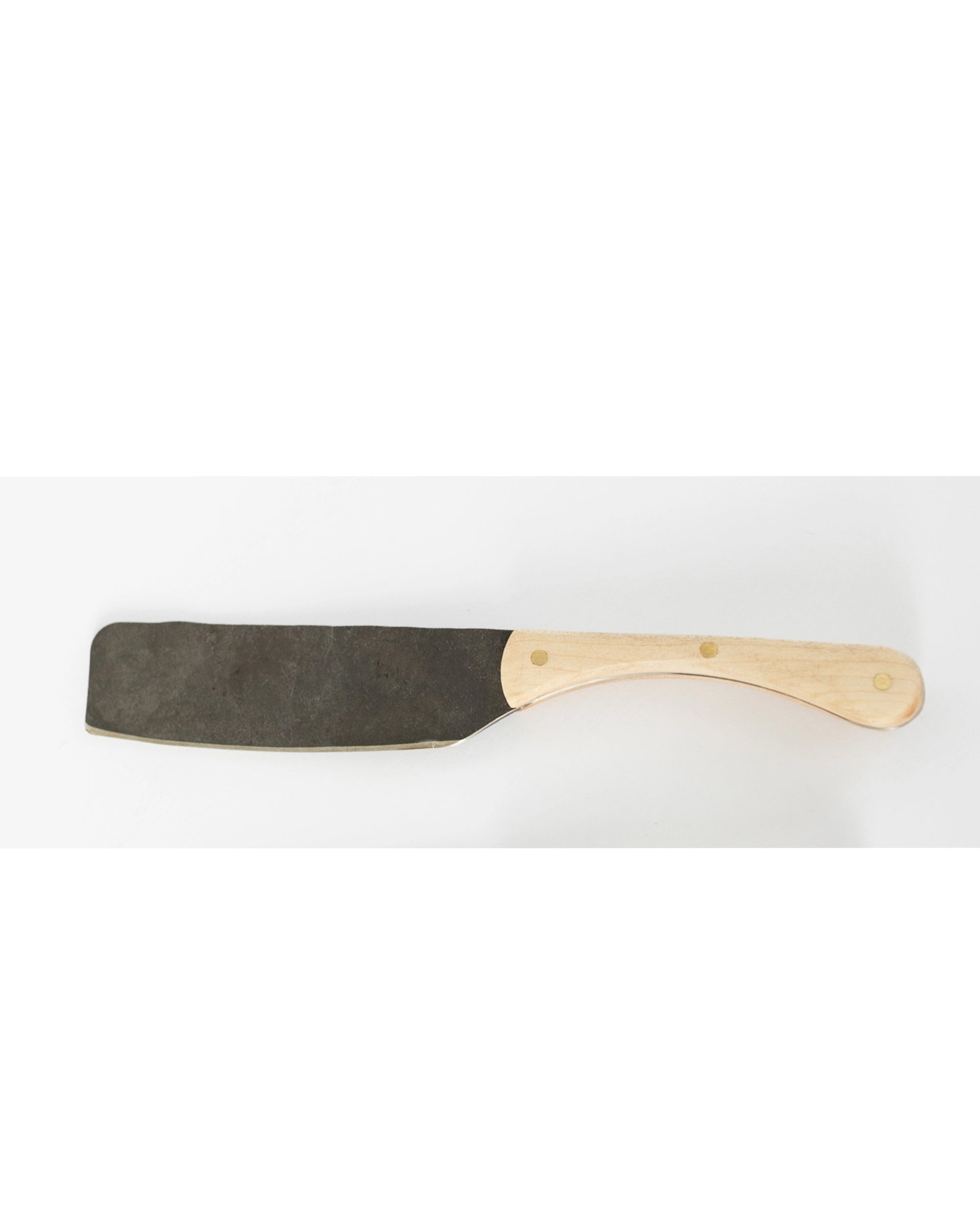The Hand Forged Spreader by Faire is a handmade stainless steel knife featuring a large, rectangular blade and a solid wood handle, shown on a plain white background.
