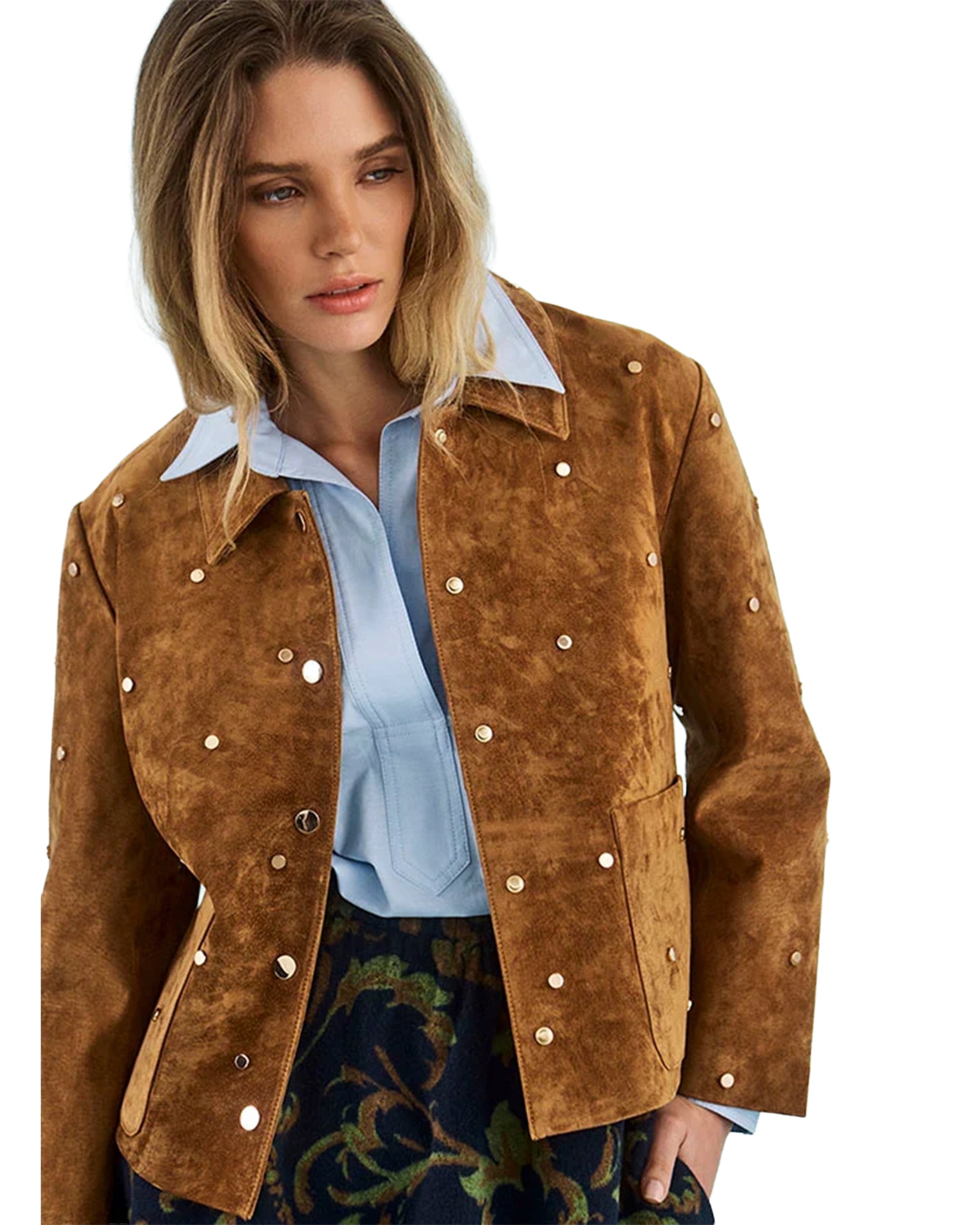 Hunter Bell NYC Hanlin Jacket in blue styled with a patterned skirt, shown against a white background.