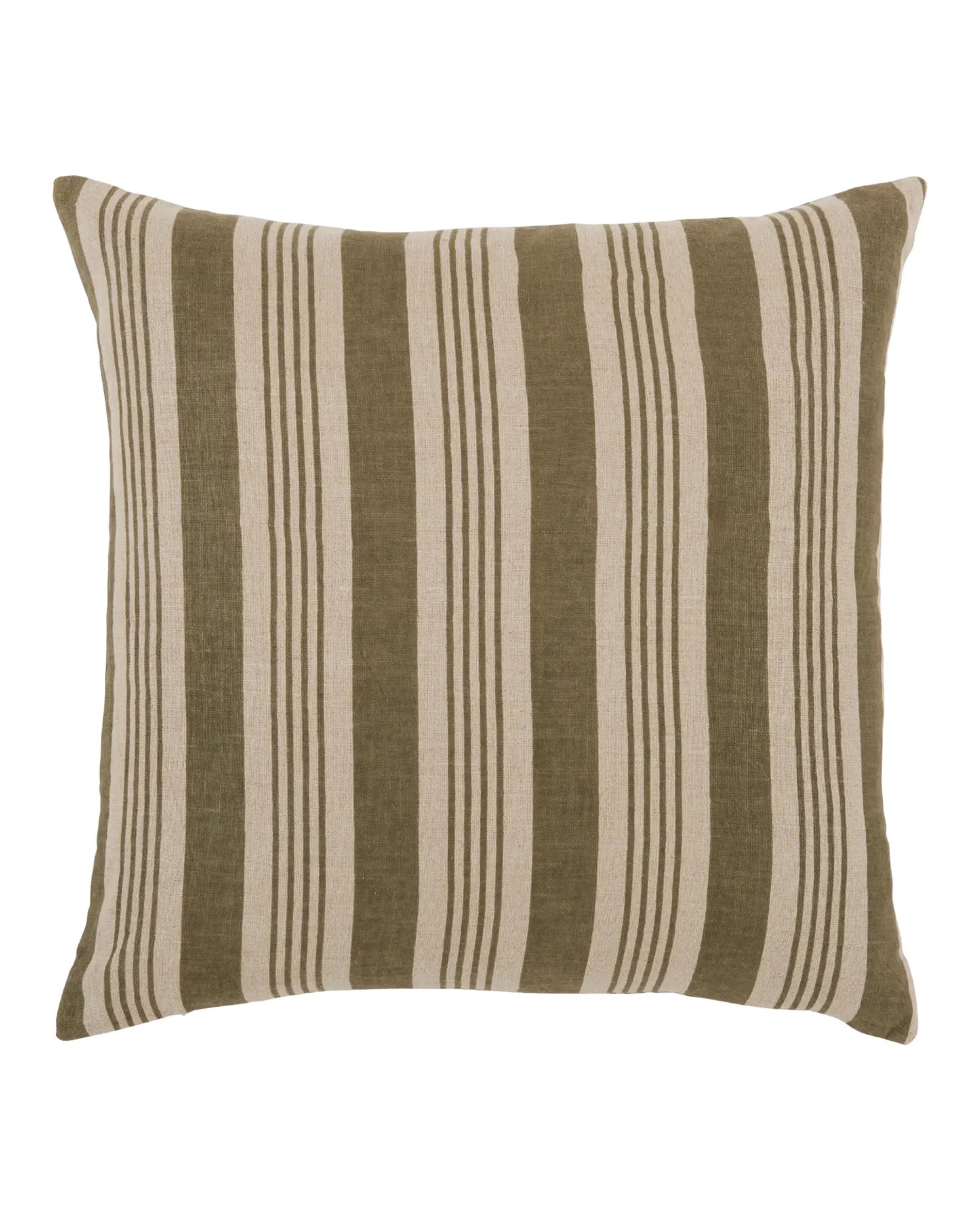 Olive green and beige striped linen pillow, 22x22, Bungalow Furniture &amp; Accessories, Faire Harbor collection.