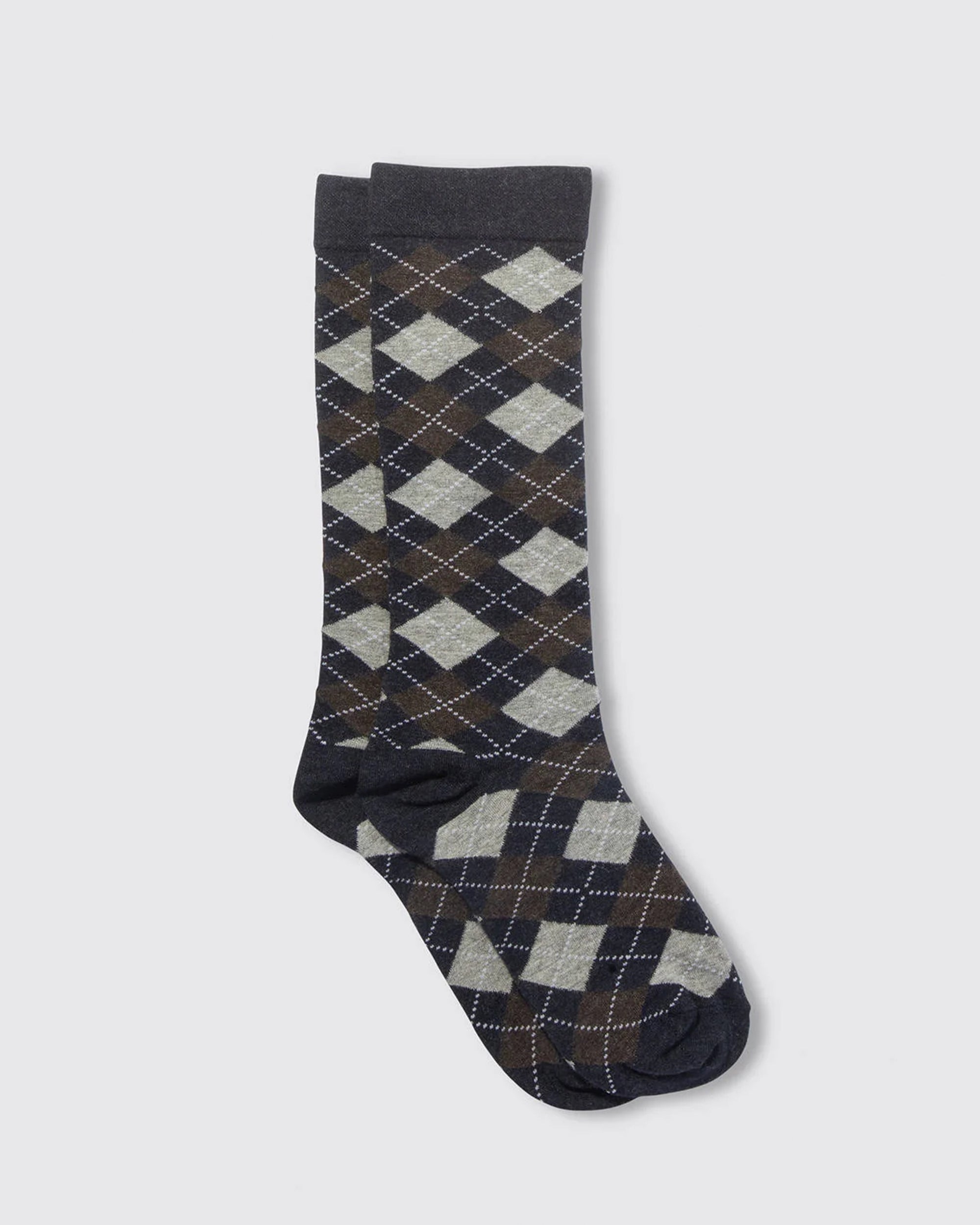 A pair of Harlekin Socks by Maria La Rosa, featuring a black, gray, and brown argyle pattern, is laid flat on a white background. Made in Italy.