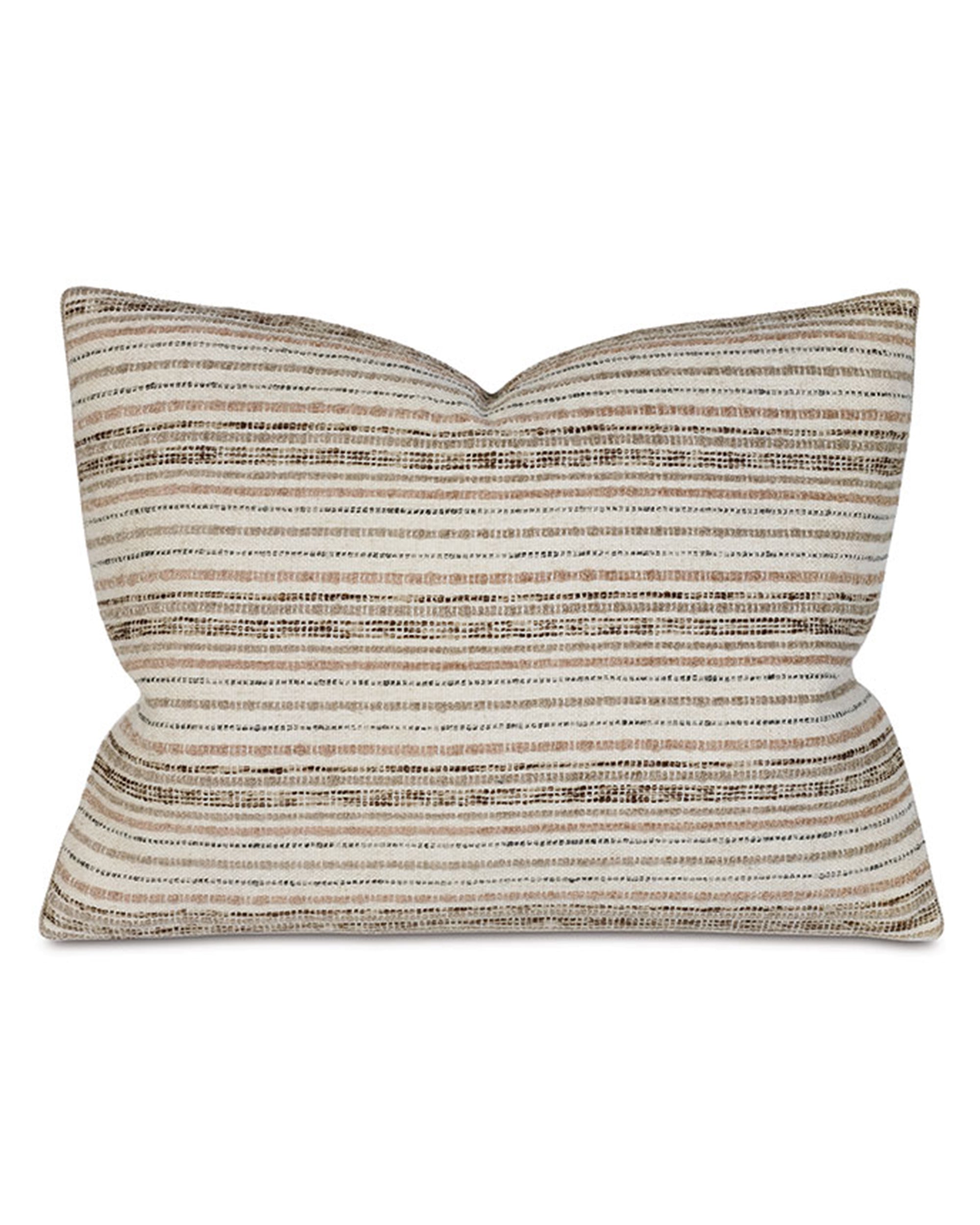 The Hastings Textured Sham by Eastern Accents is a rectangular pillow with horizontal brown and beige stripes on a cream nubby fabric, featuring an indented top center and a zipper closure for easy insert removal.