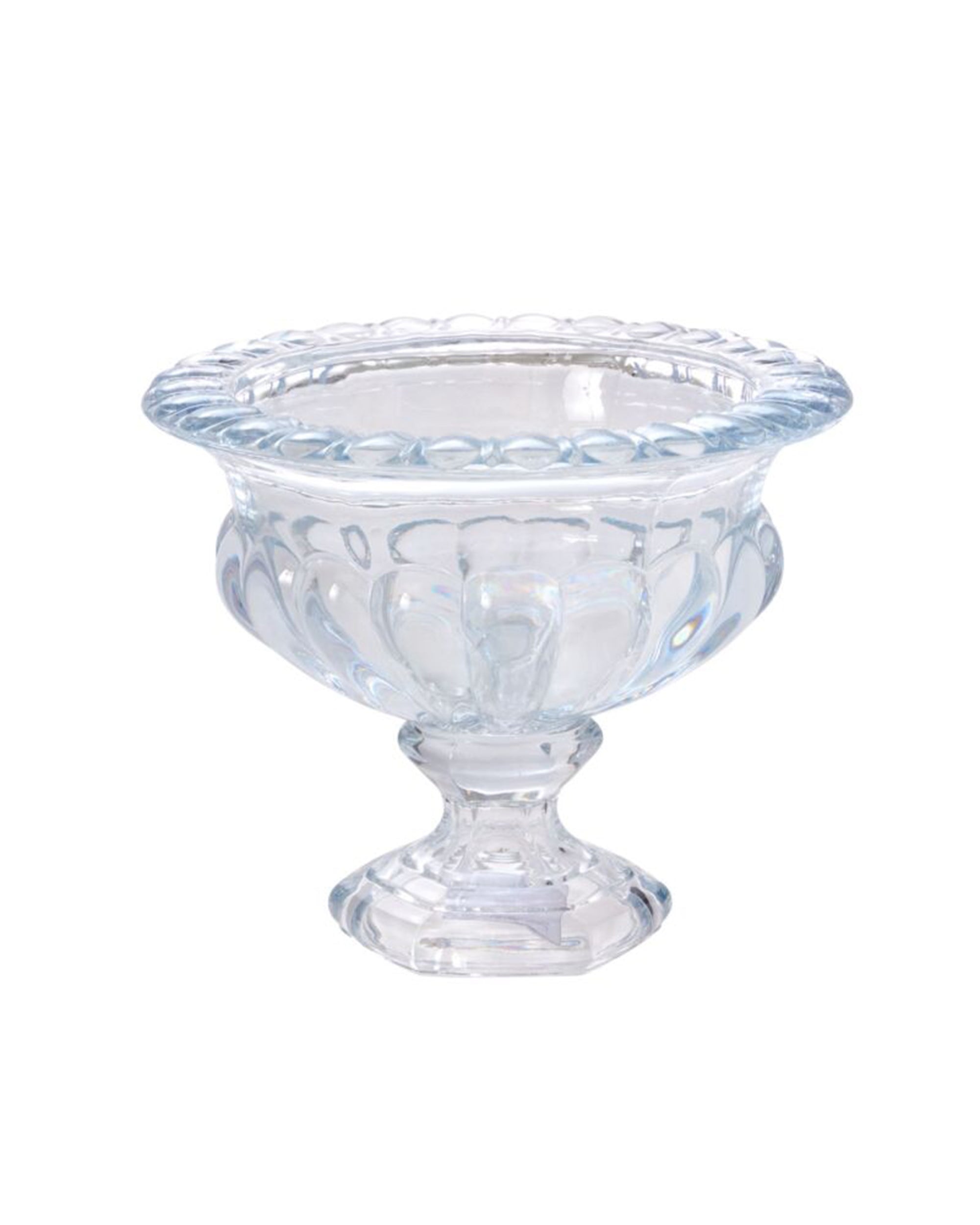 The Accent Decor 32731 Hathaway Compote M is a clear glass dessert bowl with a fluted edge and embossed pattern on a short pedestal, perfect as a floral centerpiece, shown against a white background.