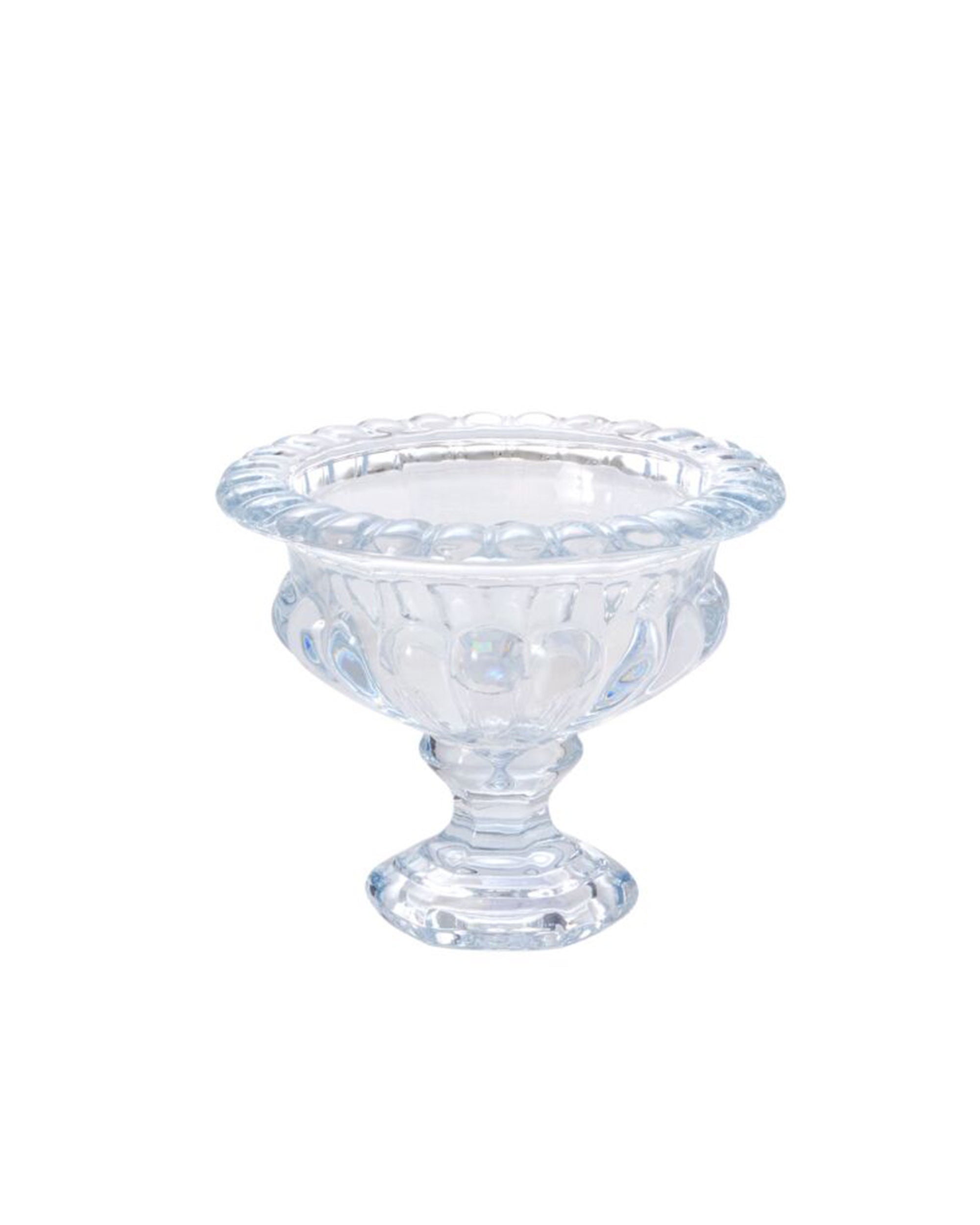 The Accent Decor 32730 Hathaway Compote S is a vintage glass bowl with a scalloped rim and decorative patterns, ideal as a floral arrangement vase or weighted glass compote, shown against a white background.