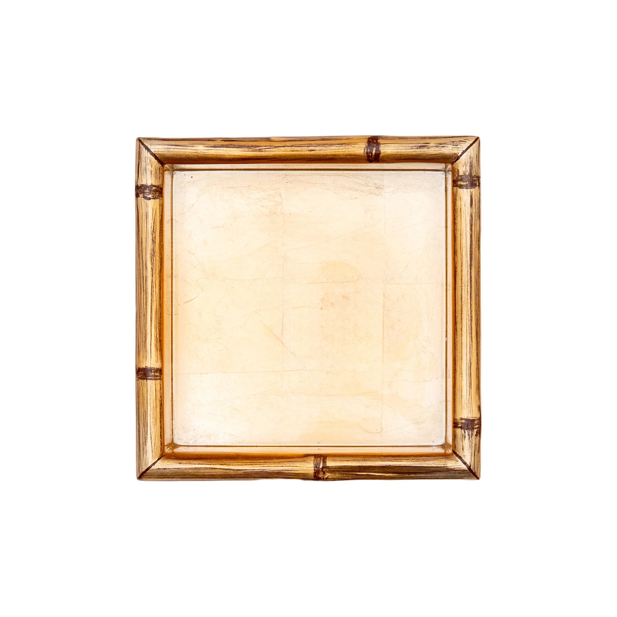 A square bamboo picture frame with a light beige backing, seen from above on a white surface, offers tabletop décor similar to the elegant Gold Leaf Cocktail Napkin Holder by Caspari, Inc.