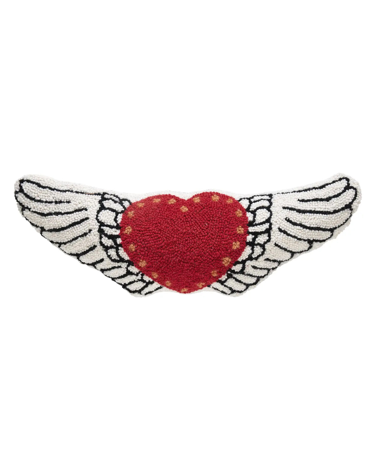Red heart pillow with white wings and yellow dots, wool-hooked by Faire, whimsical accent for living room or bedroom.