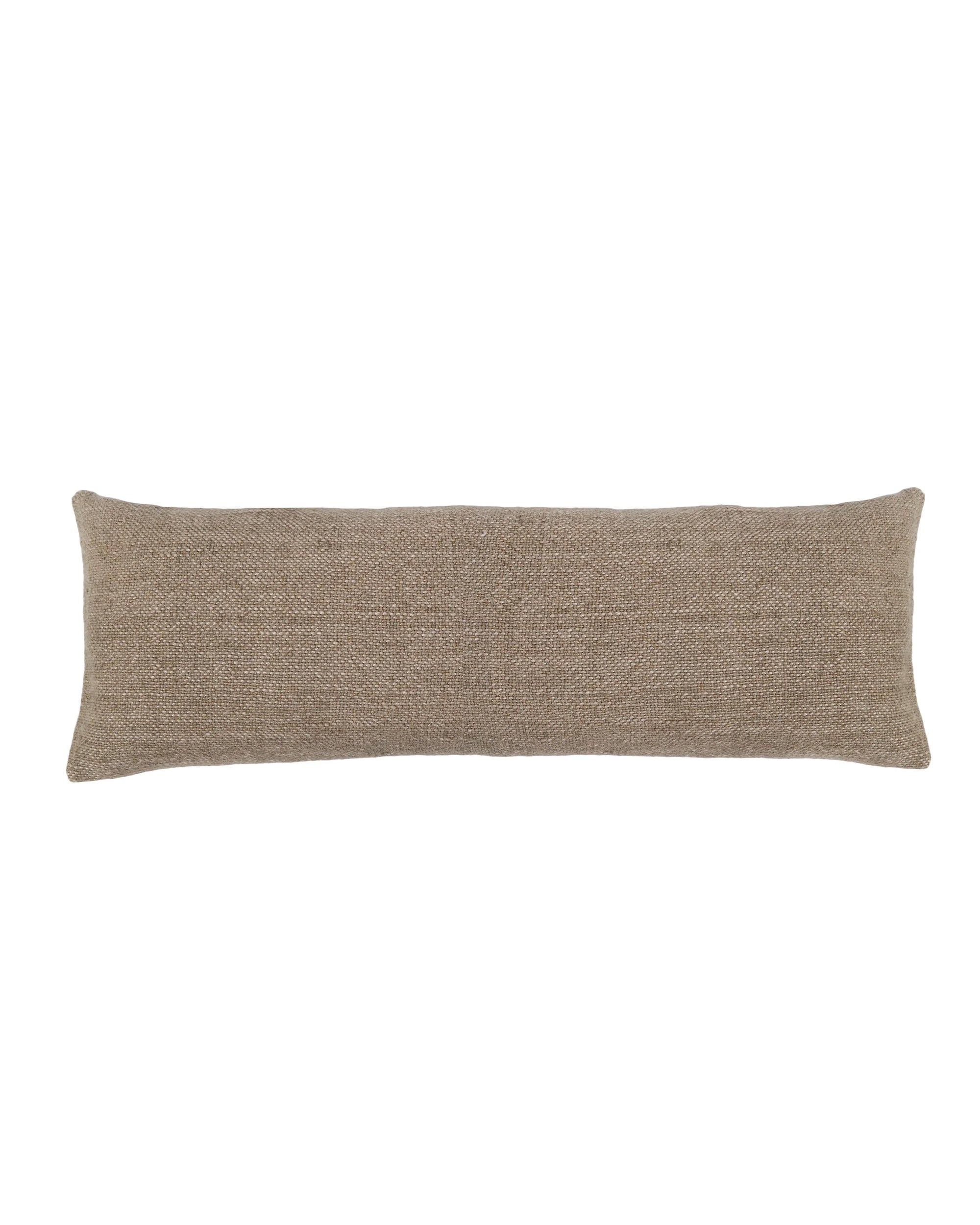 The POM POM Hendrick Body Pillow is a long, rectangular handwoven pillow with textured light brown fabric, displayed against a plain white background.