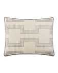 The Eastern Accents STN-395 Hendrix Stone Sham is a rectangular cotton-linen pillow in light beige, adorned with a silver geometric Greek key pattern of metallic studs and finished with dark piping.