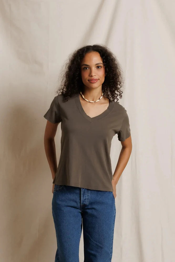 Perfectwhitetee Hendrix Boxy V-Neck Tee in dark olive paired with jeans, casual style, neutral background.