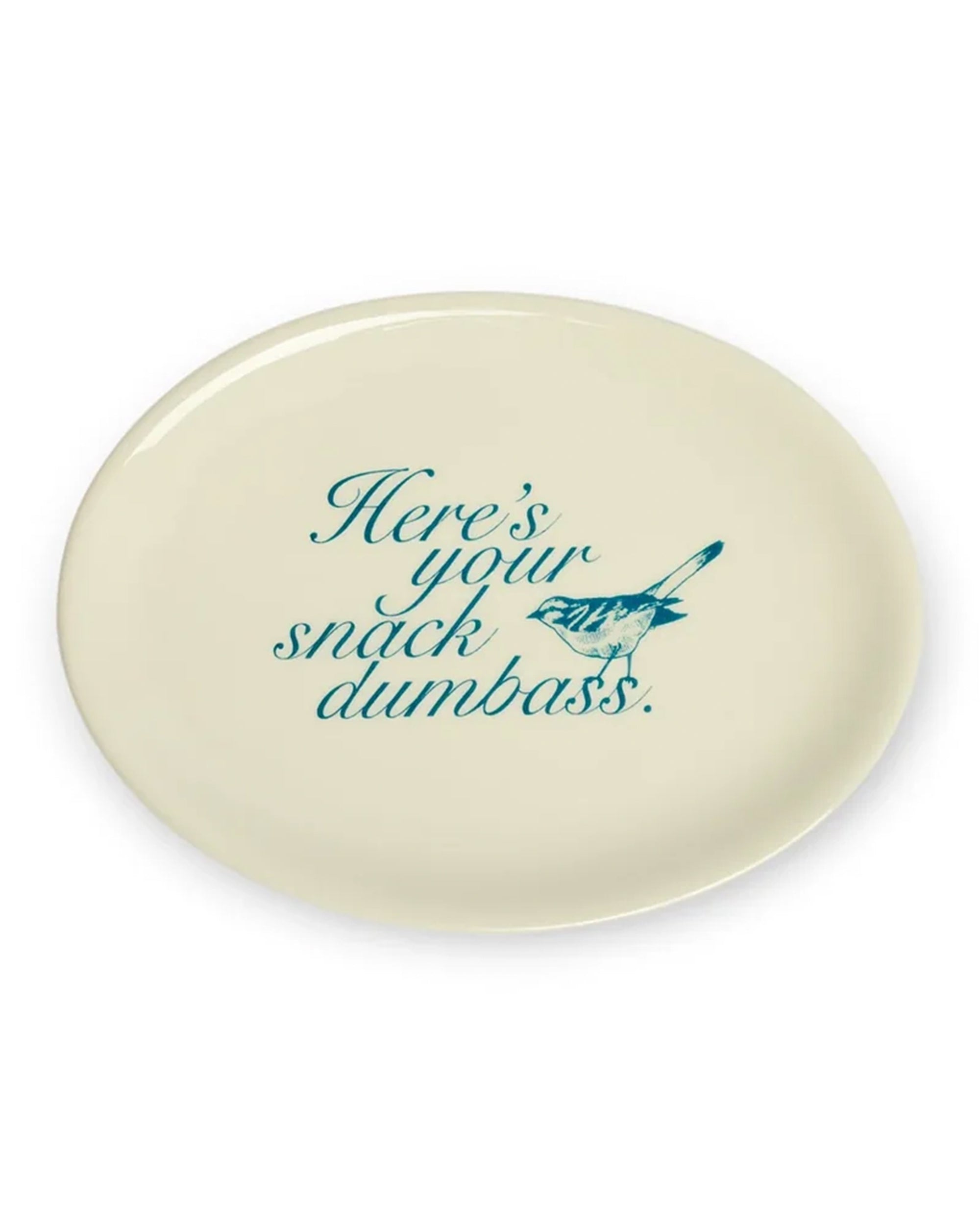 Stoneware tray with blue text and bird motif by Fishes Eddy, dishwasher and microwave safe.