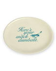 Stoneware tray with blue text and bird motif by Fishes Eddy, dishwasher and microwave safe.