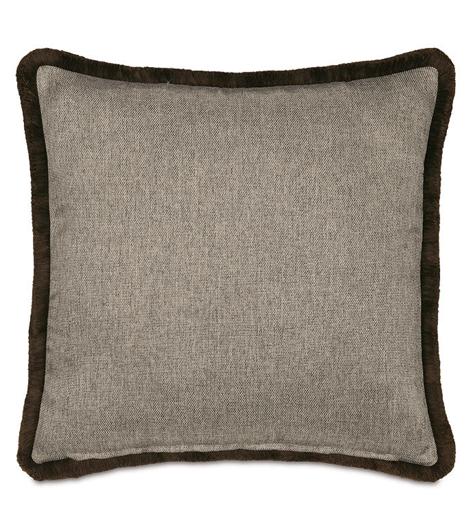 The Highland Stripe Pillow by Eastern Accents is a square, light gray fabric pillow featuring a dark brown textured border, perfect for adding charm to any space. Shown on a white background.