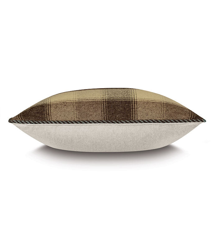 The Eastern Accents Highland Plaid Pillow features a decorative brown plaid pattern on top and solid light gray fabric on the bottom, making it a perfect accent for your Highland bedding collection. Shown against a white background.