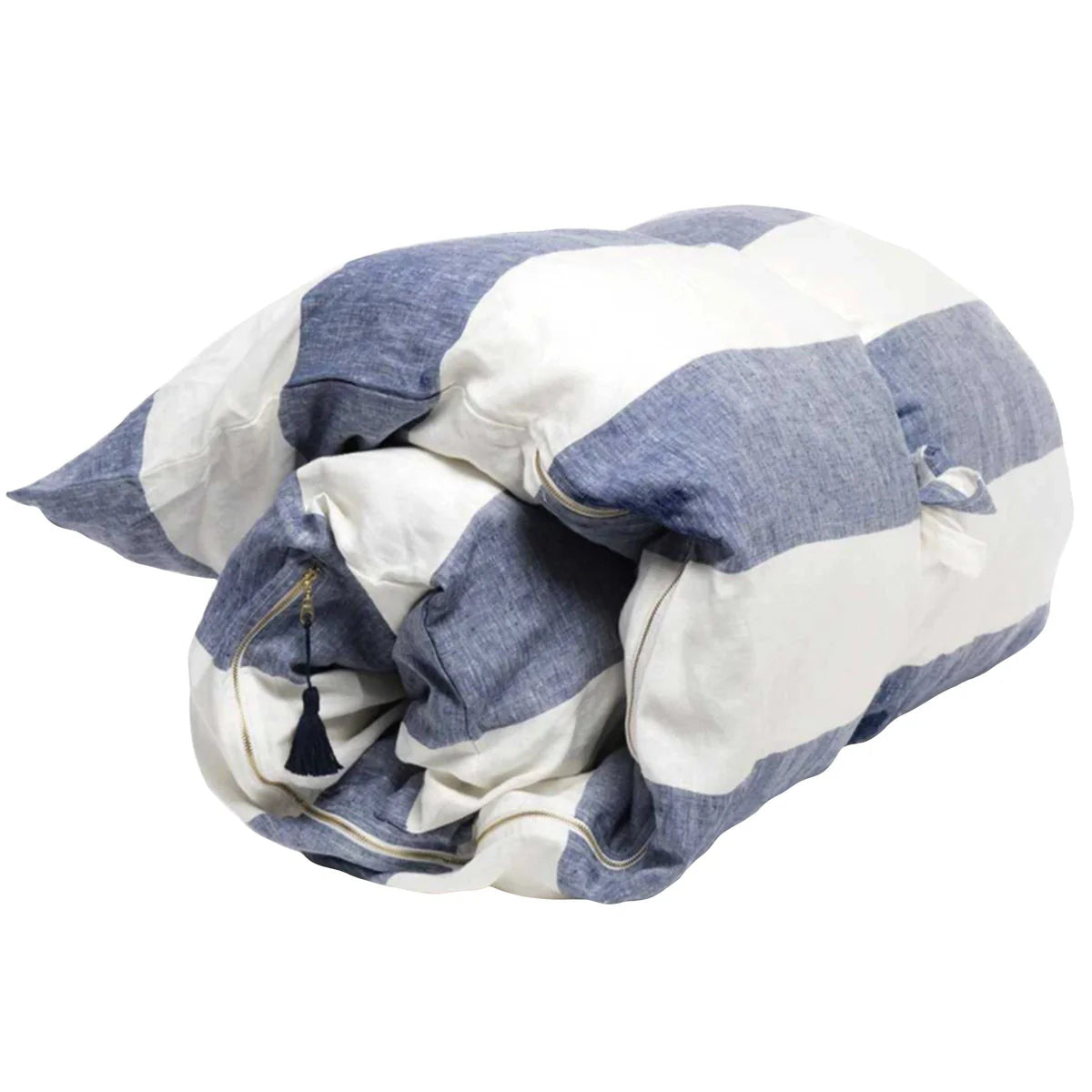 The Hedgehouse Throwbed features a blue and white striped, soft cotton removable cover with a visible zipper and black tassel. This cozy bedding is rolled up for convenience and the machine-washable cover makes care easy.