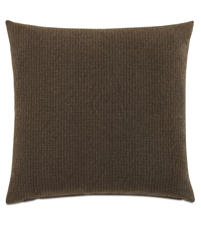 The Eastern Accents Higgins Pieced pillow, size 27x27, features a subtle brown textured pattern and is displayed against a white background.