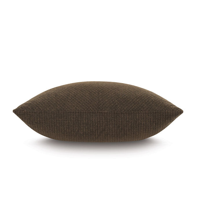 The Higgins Pieced pillow by Eastern Accents features brown stripes on textured cotton fabric in a 27x27 size, shown against a white background.