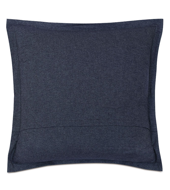 The Eastern Accents HIGGINS DENIM is a square decorative pillow in dark blue, made from soft cotton flannel with a wide border. Shown on a white background, it is machine washable for easy care and comfort.