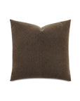 The Higgins Pieced decorative pillow by Eastern Accents features a square shape, brown cotton fabric, and a subtle diagonal herringbone pattern, displayed against a plain white background.