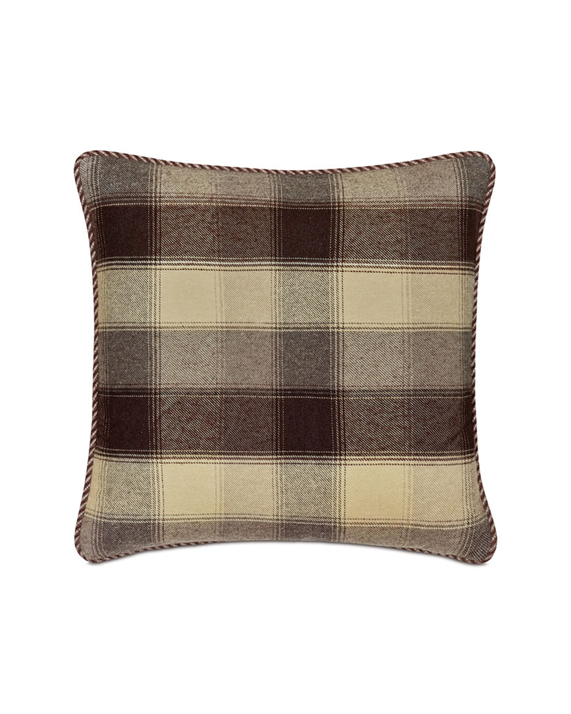 The Highland Plaid Pillow by Eastern Accents features a flannel plaid design in brown and beige, with rounded edges and twisted trim—an ideal match for your Highland bedding collection.