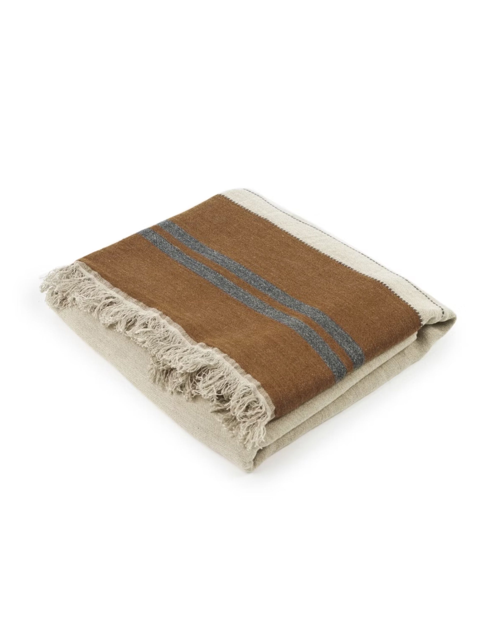 The Highland Coverlet by Libeco Home is a folded, rectangular coverlet with beige fringe edges, featuring a brown and beige color block design and two parallel dark gray Highland Stripe accents from the linen/wool collection.