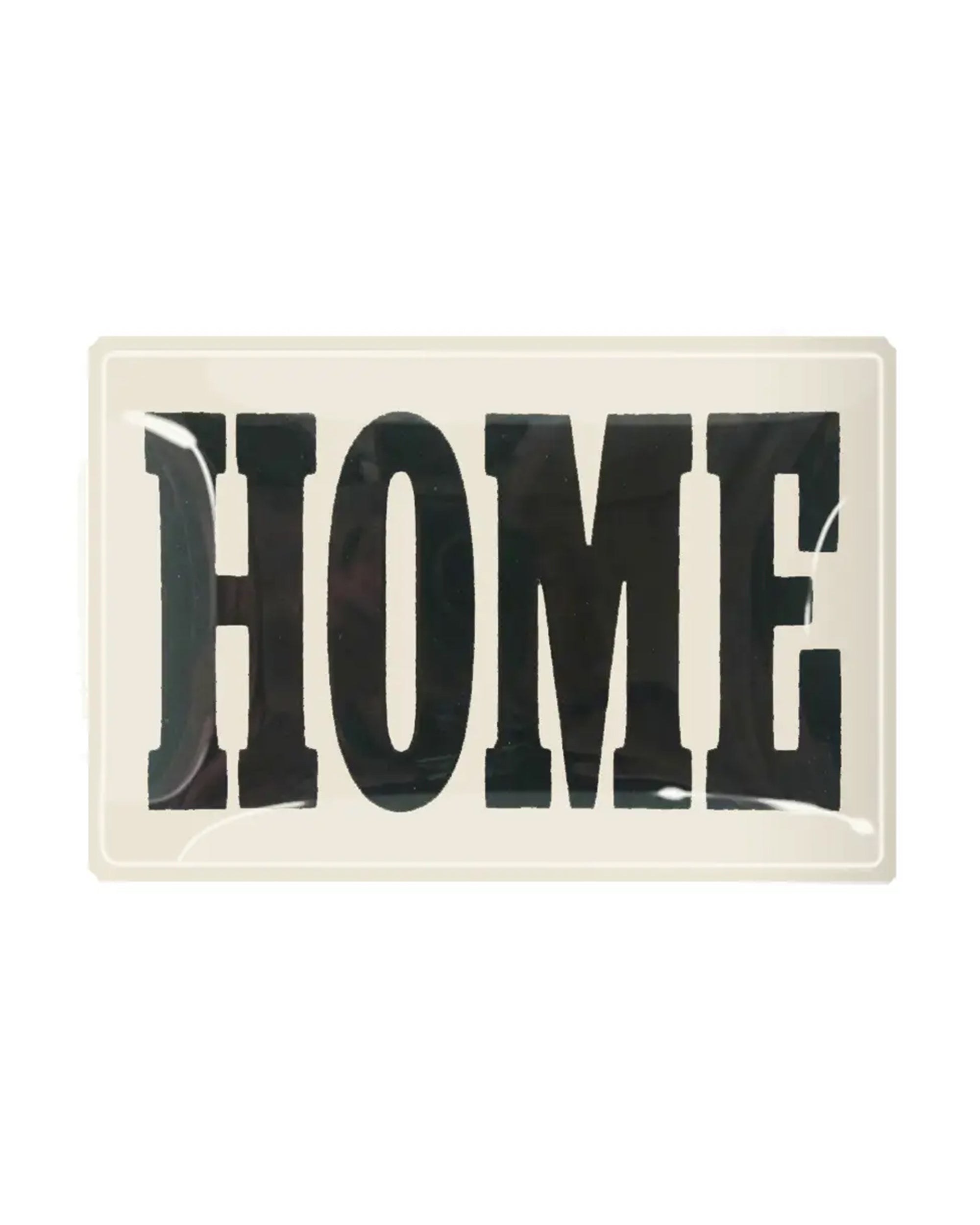The Faire Home Block Glass Tray features a rectangular design with a white background and bold, black "HOME" lettering in vintage typography for a timeless look.