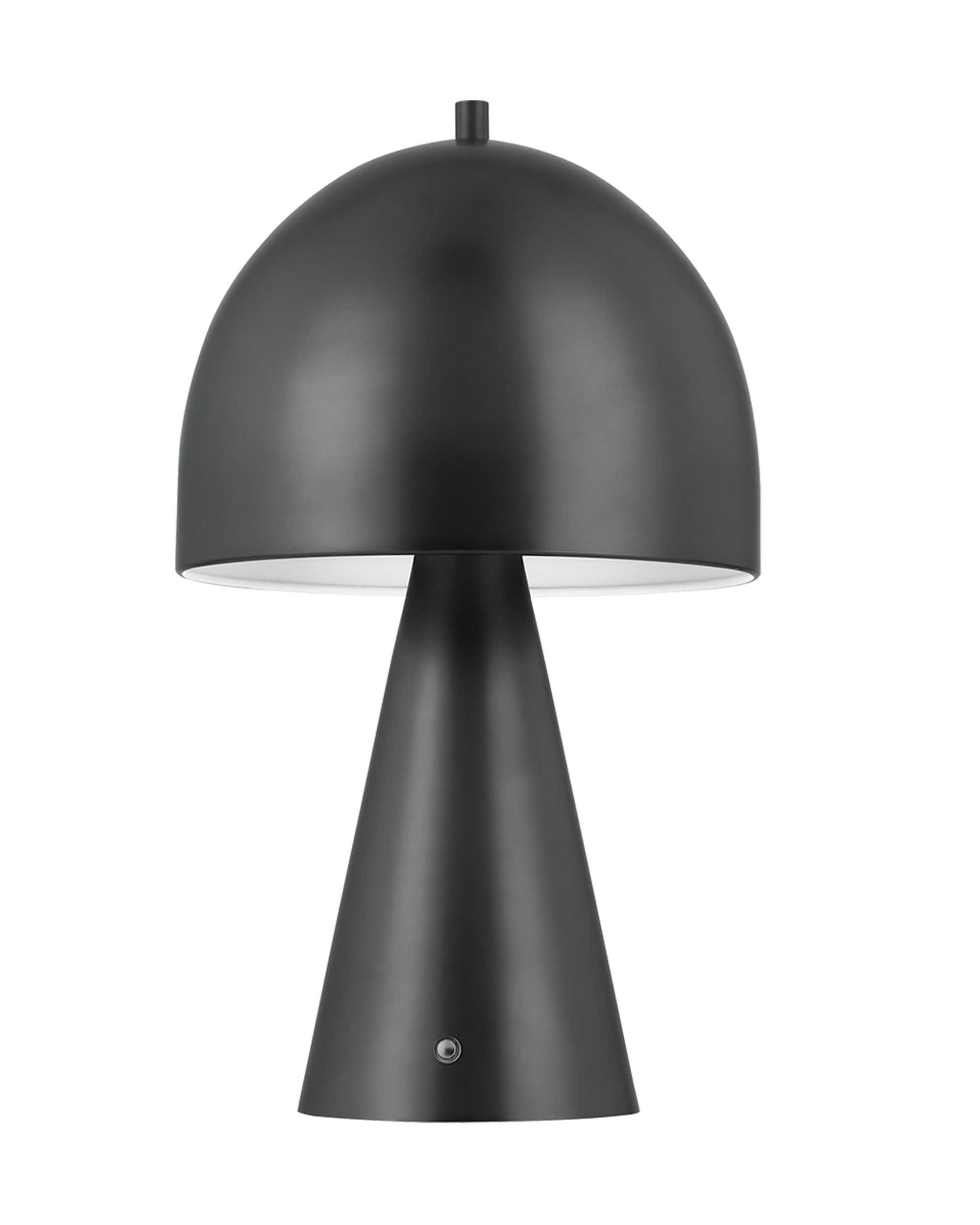 The Hopkins Rechargeable lamp by Hudson Valley features a dimmable, dome-shaped shade with a matte black finish, conical base, sleek minimalist design, and a small front button for easy control.
