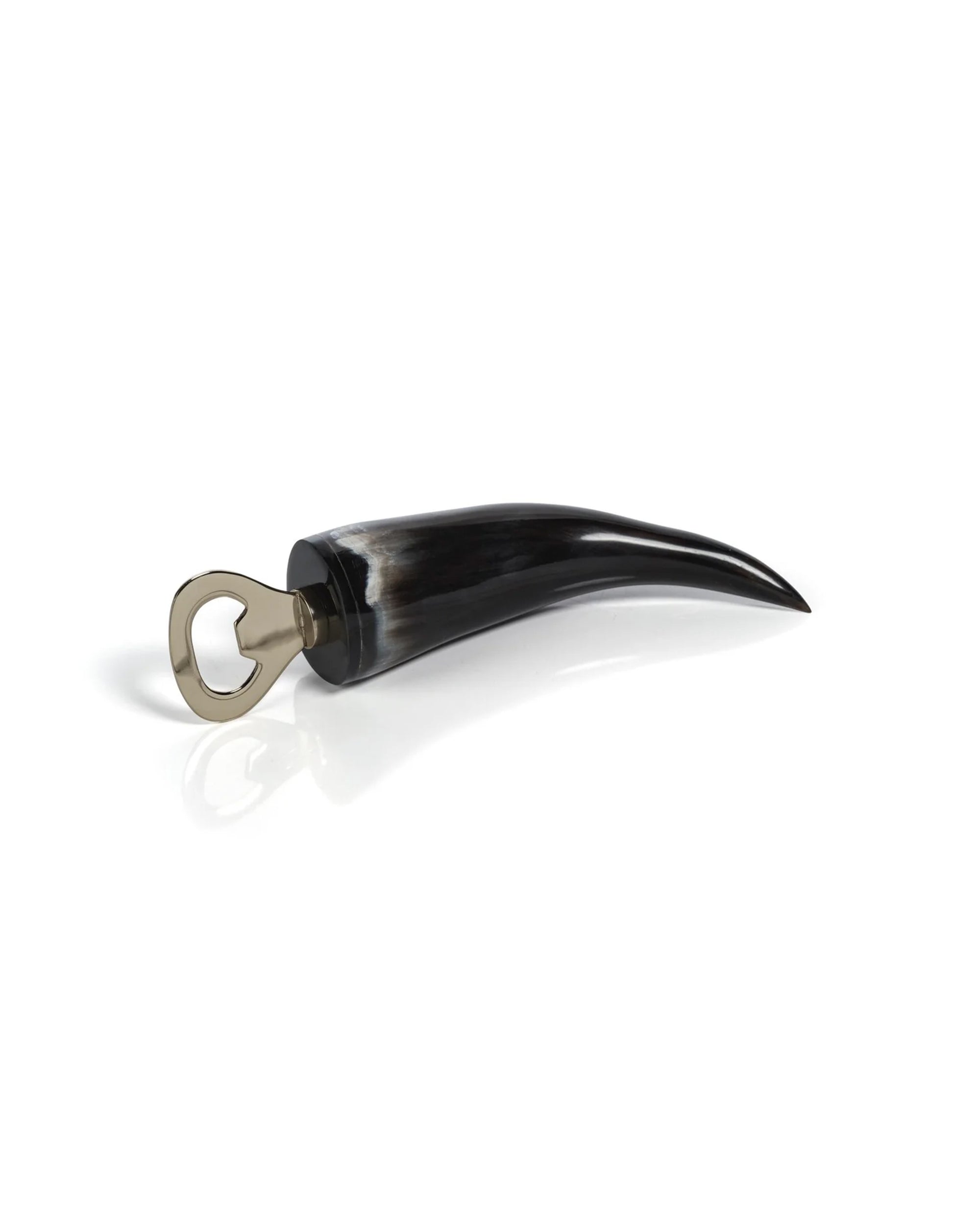 The Zodax IN-7747 Horn Bottle Opener features a polished, curved horn-style handle and metallic opener end, lending rustic barware charm to your collection against a plain white background.
