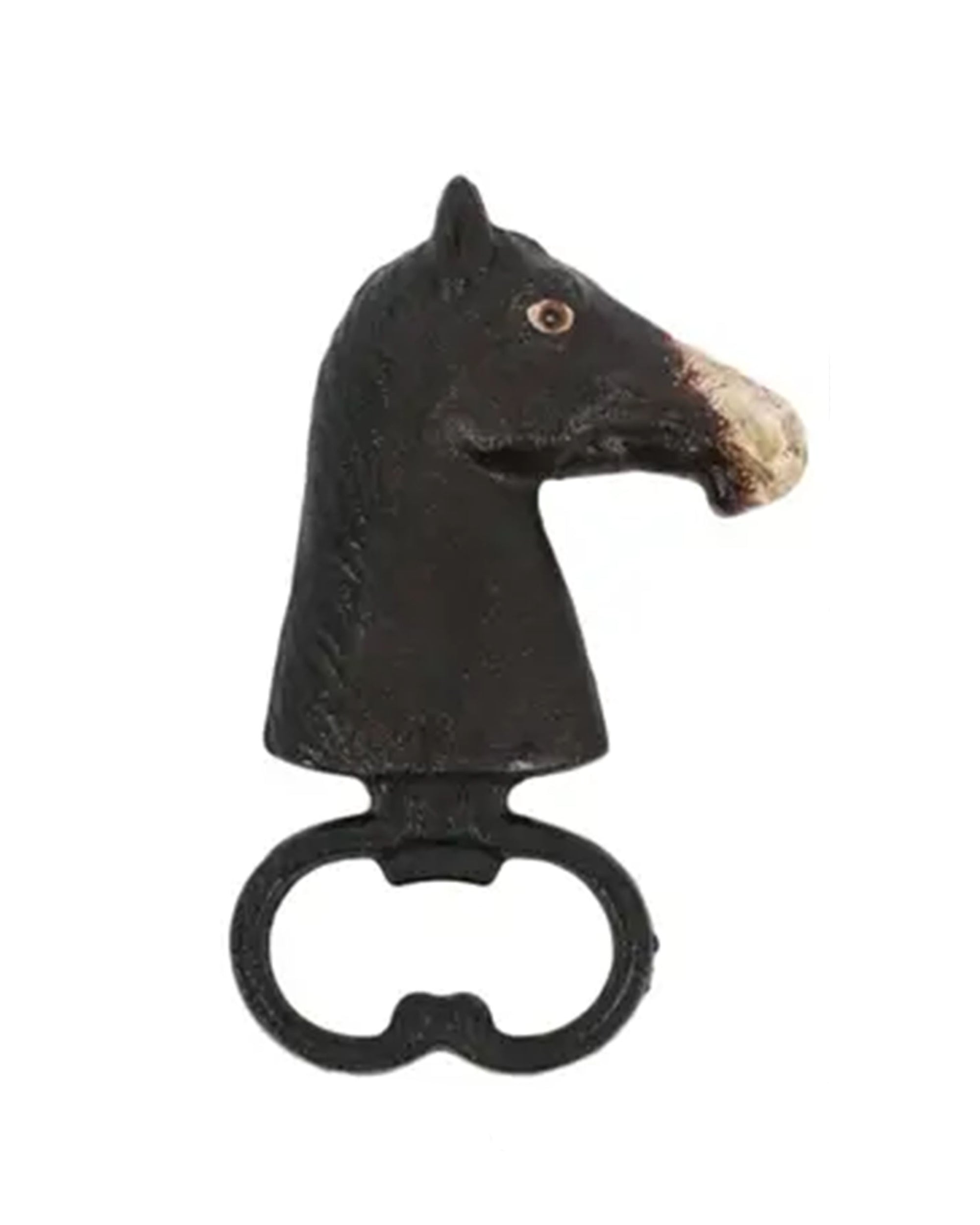 The HomArt Horse Head Bottle Opener features cast iron with a dark finish and white muzzle, attached to an oval handle—both a functional tool and a distinctive home accent.
