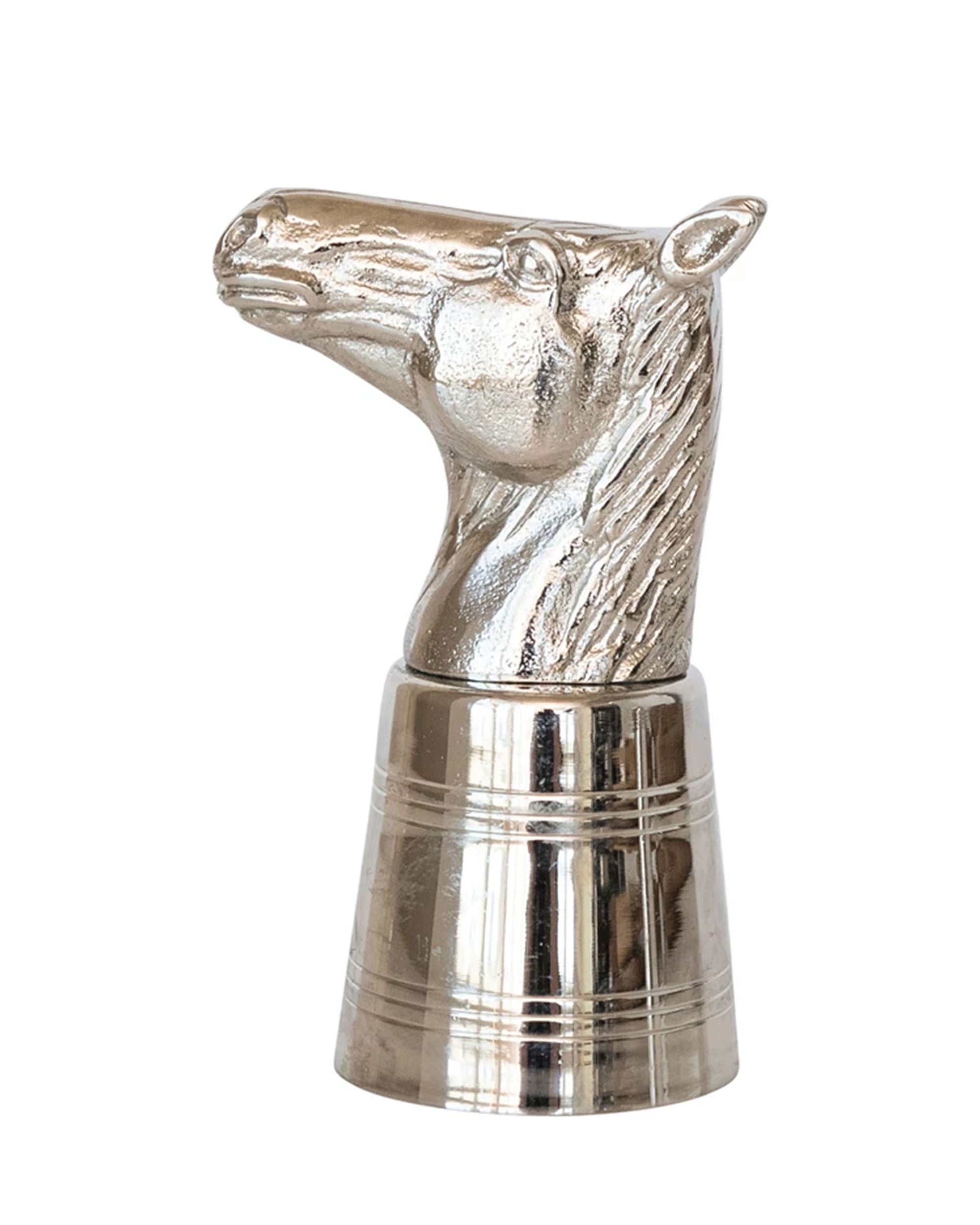 The Creative Co-op Cast Alum Stainless Steel Horse Head features a detailed, shiny chess knight design with a reflective finish, showcased against a plain white background.