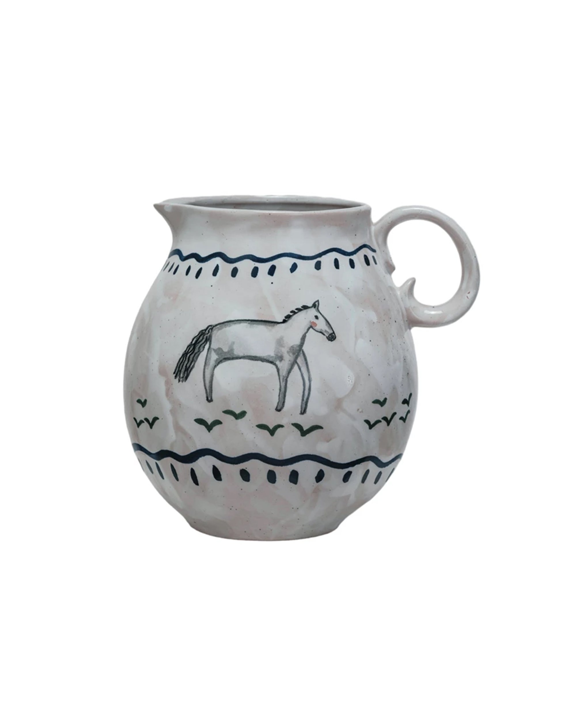 The Creative Co-op DF9888 Horse Pitcher is a hand-painted farmhouse-style centerpiece, featuring a handle and simple horse and grass design bordered by wavy lines on a light background.