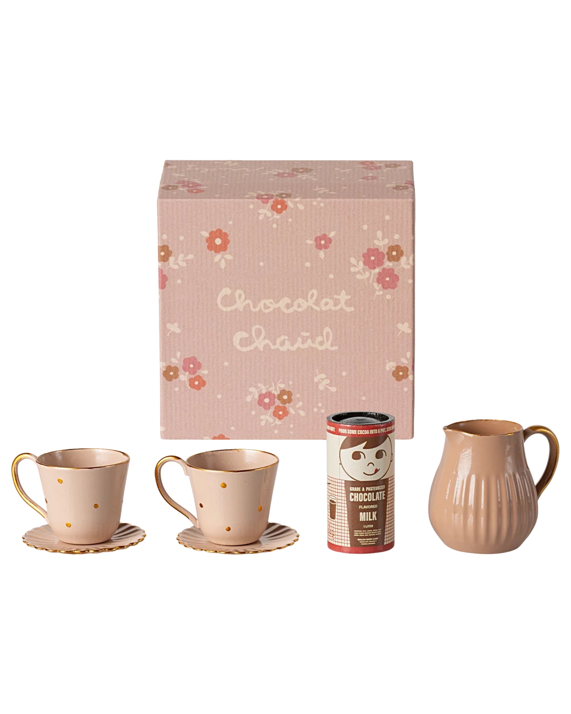 Maileg Mini Hot Chocolate Set with two cups, saucers, beige pitcher, pretend powder, and pink floral box.