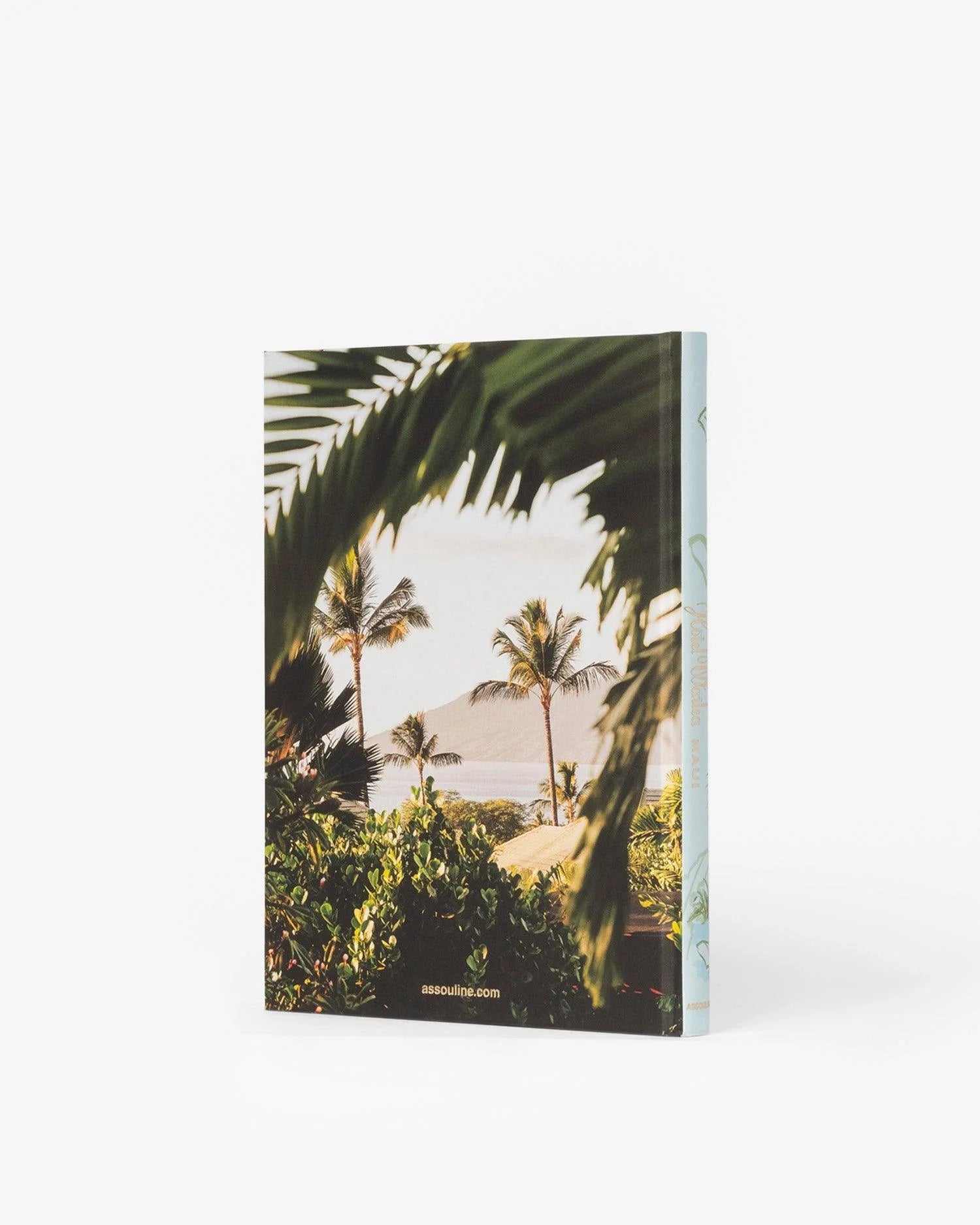 A hardcover book from Assouline, titled "Hotel Wailea," stands upright against a white background. The cover design features a tropical landscape with palm leaves and trees framing a distant mountain, reminiscent of the serene ambiance of the Maui boutique resort. The spine is light blue with subtle text, and the bottom of the cover displays "assouline.com".