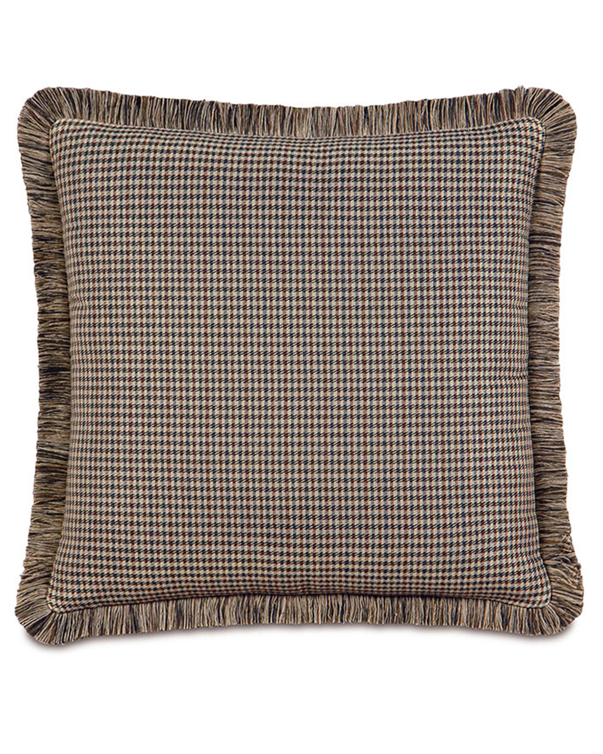Brown and navy houndstooth pillow with colorful fringe by Eastern Accents, Aiden collection.